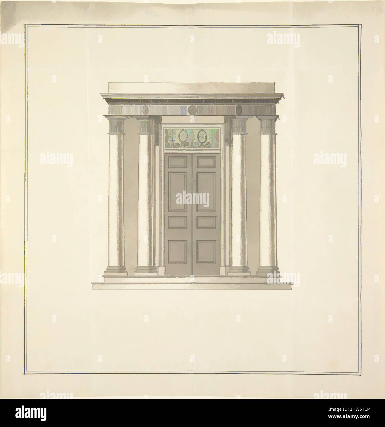 Art Inspired by Design for a Torway with a Portico in the Classical Style, 18. Century, Pen and black ink, brush and black and Green wash, Sheet: 7 1/2 x 7 3/8 in. (19,1 x 18,7 cm), Anonymous, British, 18. Century, Klassische Werke, die von Artotop mit einem Schuss Moderne modernisiert wurden. Formen, Farbe und Wert, auffällige visuelle Wirkung auf Kunst. Emotionen durch Freiheit von Kunstwerken auf zeitgemäße Weise. Eine zeitlose Botschaft, die eine wild kreative neue Richtung verfolgt. Künstler, die sich dem digitalen Medium zuwenden und die Artotop NFT erschaffen Stockfoto