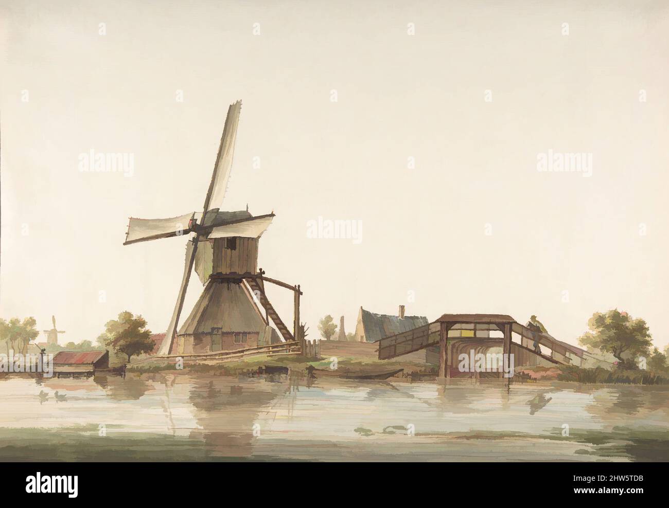 Art Inspired by Landscape with Windmill, late 18. Century, Pen and Brown Ink and Watercolor, 12 x 17 1/4 Zoll (30,5 x 43,8 cm), Zeichnungen, Anthonie Erkelens (Niederländisch, 1774–1804, Klassische Werke, die von Artotop mit einem Schuss Moderne modernisiert wurden. Formen, Farbe und Wert, auffällige visuelle Wirkung auf Kunst. Emotionen durch Freiheit von Kunstwerken auf zeitgemäße Weise. Eine zeitlose Botschaft, die eine wild kreative neue Richtung verfolgt. Künstler, die sich dem digitalen Medium zuwenden und die Artotop NFT erschaffen Stockfoto