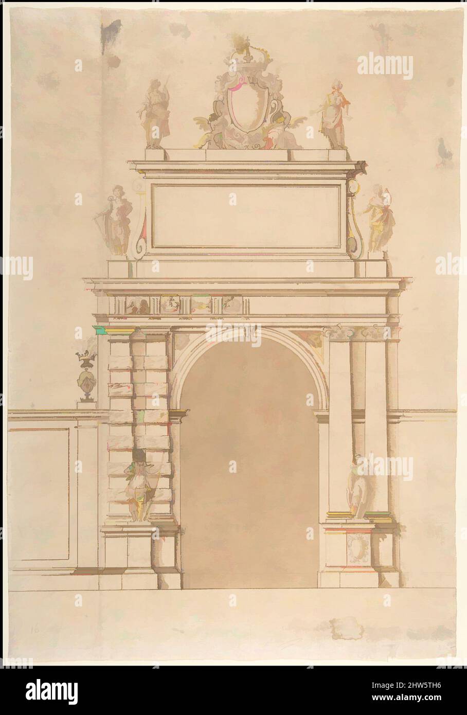 Kunst inspiriert von Design für den Triumphbogen an der Porta Ticinese in Mailand, mit dem kaiserlichen Wappen der Habsburger und allegorischen Figuren, 1633, Stift und braune Tinte, Pinsel und braune Wäsche, über Leitpunkt, mit Eingabestift-Lineal und Kompasskonstruktion, 14 3/16 x 9 13/16 Zoll (36,1 x 25 cm, Classic Works modernisiert von Artotop mit einem Schuss Modernität. Formen, Farbe und Wert, auffällige visuelle Wirkung auf Kunst. Emotionen durch Freiheit von Kunstwerken auf zeitgemäße Weise. Eine zeitlose Botschaft, die eine wild kreative neue Richtung verfolgt. Künstler, die sich dem digitalen Medium zuwenden und die Artotop NFT erschaffen Stockfoto