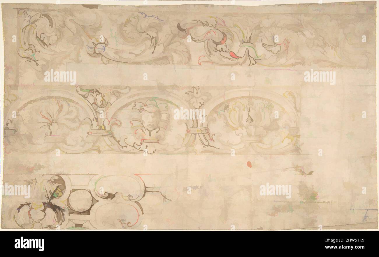 Kunst inspiriert von Ornamental Design nach der Antike; Bands von Acanthus Rinceaux, Figurierte Palmetten und Muschelkartuschen, 15.–16. Jahrhundert, Stift und braune Tinte, Pinsel und braune Wäsche, über Leitpunkt (?) Unterzeichnung, 6 1/16 x 10 1/4 Zoll (15,4 x 26 cm), Zeichnungen, Anonymous, Italienisch, Klassische Werke, die von Artotop mit einem Schuss Moderne modernisiert wurden. Formen, Farbe und Wert, auffällige visuelle Wirkung auf Kunst. Emotionen durch Freiheit von Kunstwerken auf zeitgemäße Weise. Eine zeitlose Botschaft, die eine wild kreative neue Richtung verfolgt. Künstler, die sich dem digitalen Medium zuwenden und die Artotop NFT erschaffen Stockfoto