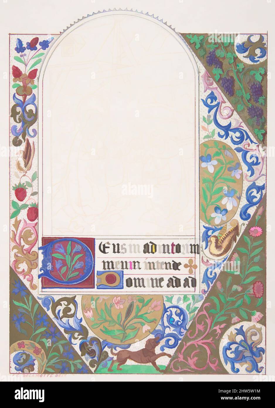 Kunst inspiriert von dekoriertem Rand mit Krippe, 1830–62, Aquarell, Stift und roter Tinte über Graphit mit Akzenten aus Gold und Gouache, Blatt: 14 5/8 x 9 3/16 Zoll (37,1 x 23,3 cm), Freeman Gage Delamotte (British, Sandhurst 1813/14–1862 London, Klassische Werke, die von Artotop mit einem Schuss Moderne modernisiert wurden. Formen, Farbe und Wert, auffällige visuelle Wirkung auf Kunst. Emotionen durch Freiheit von Kunstwerken auf zeitgemäße Weise. Eine zeitlose Botschaft, die eine wild kreative neue Richtung verfolgt. Künstler, die sich dem digitalen Medium zuwenden und die Artotop NFT erschaffen Stockfoto