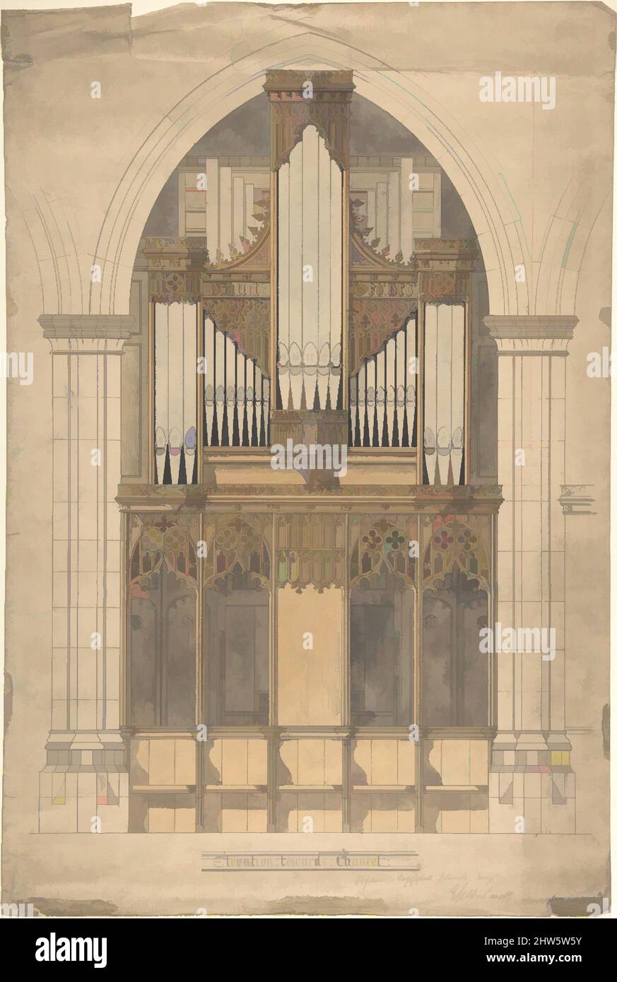 Kunst inspiriert von Elevation towards Choral, Orgel, Coggeshall Church, Essex (Kirche St. Peter-ad-Vincula), ca. 1895, Stift und Tinte, über Graphit, mit Aquarell, Blatt: 20 x 13 1/2 Zoll (50,8 x 34,3 cm), Ernest Geldart (British, London 1848–1929, Klassische Werke, die von Artotop mit einem Schuss Moderne modernisiert wurden. Formen, Farbe und Wert, auffällige visuelle Wirkung auf Kunst. Emotionen durch Freiheit von Kunstwerken auf zeitgemäße Weise. Eine zeitlose Botschaft, die eine wild kreative neue Richtung verfolgt. Künstler, die sich dem digitalen Medium zuwenden und die Artotop NFT erschaffen Stockfoto