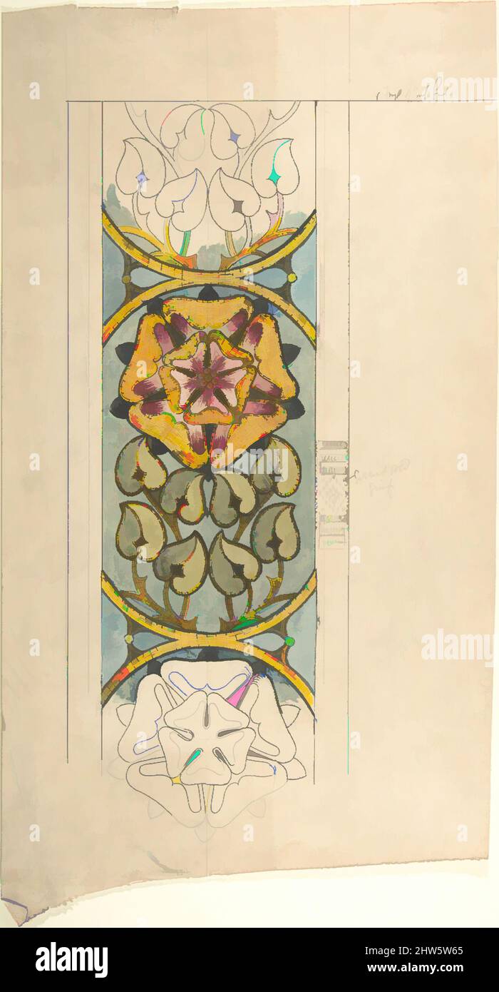 Kunst inspiriert von Design for Ecclesiastical Embroidery, Vertikales Muster mit Tudor Rose, Ende des 19..–Anfang des 20.. Jahrhunderts, Graphit, Stift und Tinte mit Aquarell, Ernest Geldart (British, London 1848–1929, Classic Works Modernized by Artotop with a Splash of Modernity. Formen, Farbe und Wert, auffällige visuelle Wirkung auf Kunst. Emotionen durch Freiheit von Kunstwerken auf zeitgemäße Weise. Eine zeitlose Botschaft, die eine wild kreative neue Richtung verfolgt. Künstler, die sich dem digitalen Medium zuwenden und die Artotop NFT erschaffen Stockfoto