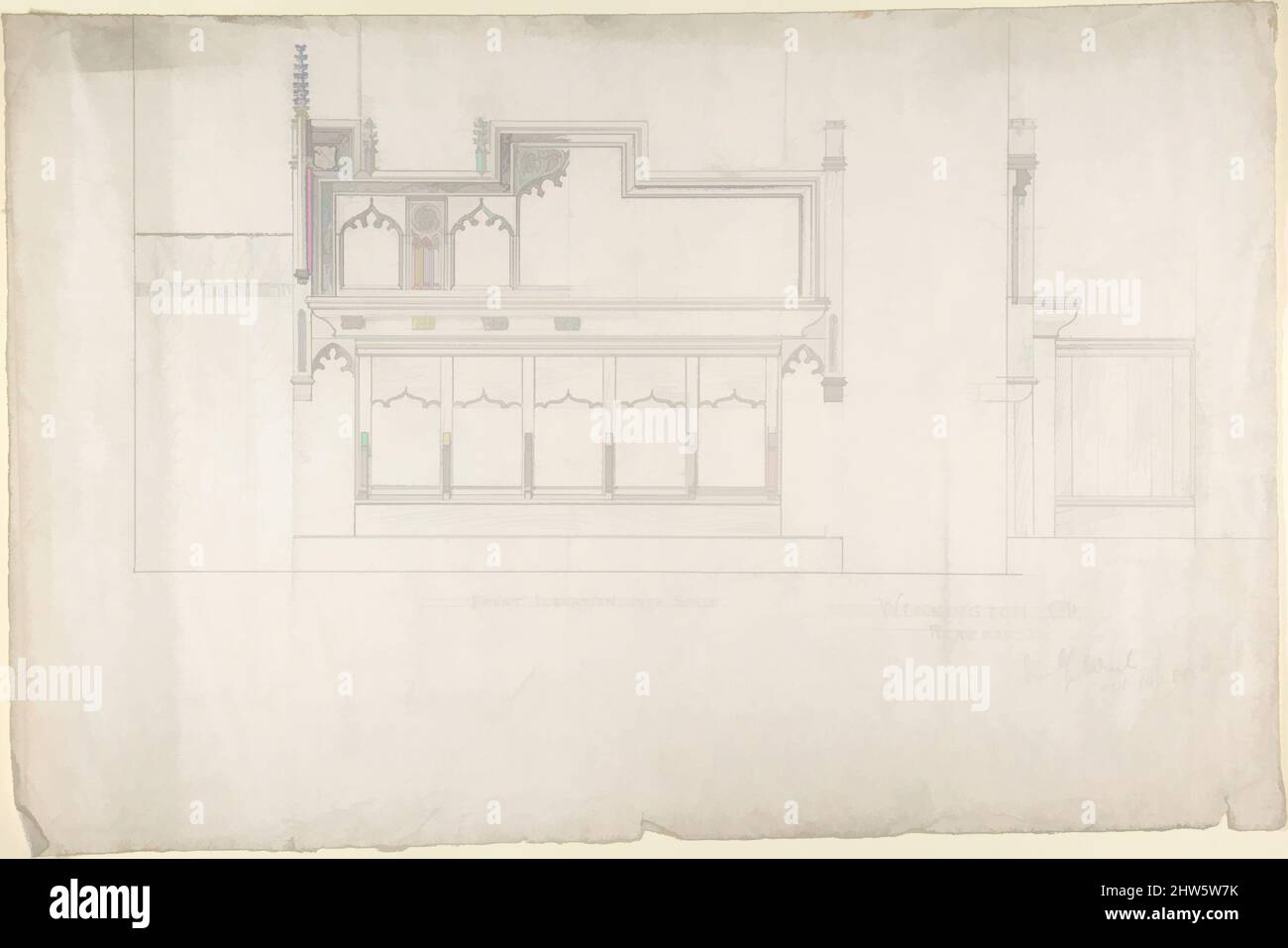 Art inspired by Front Elevation Wennington Church reredos, 1885, Graphit, Blatt: 13 1/4 x 20 1/2 Zoll (33,7 x 52,1 cm), Ernest Geldart (British, London 1848–1929, Klassische Werke, die von Artotop mit einem Schuss Moderne modernisiert wurden. Formen, Farbe und Wert, auffällige visuelle Wirkung auf Kunst. Emotionen durch Freiheit von Kunstwerken auf zeitgemäße Weise. Eine zeitlose Botschaft, die eine wild kreative neue Richtung verfolgt. Künstler, die sich dem digitalen Medium zuwenden und die Artotop NFT erschaffen Stockfoto