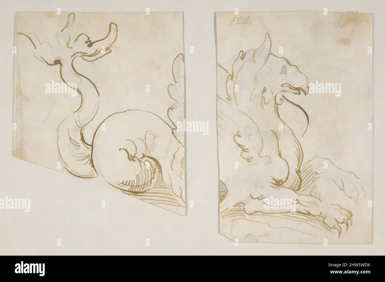 Art Inspired by Sea Monster (in Two Fragments), 1548–1612, Pen und braune Tinte, 3 9/16 x 3 Zoll (9,1 x 7,6 cm), Zeichnungen, zugeschrieben Bernardino Poccetti (Italienisch, San Marino di Valdelsa 1548–1612 Florenz, Klassische Werke, die von Artotop mit einem Schuss Moderne modernisiert wurden. Formen, Farbe und Wert, auffällige visuelle Wirkung auf Kunst. Emotionen durch Freiheit von Kunstwerken auf zeitgemäße Weise. Eine zeitlose Botschaft, die eine wild kreative neue Richtung verfolgt. Künstler, die sich dem digitalen Medium zuwenden und die Artotop NFT erschaffen Stockfoto