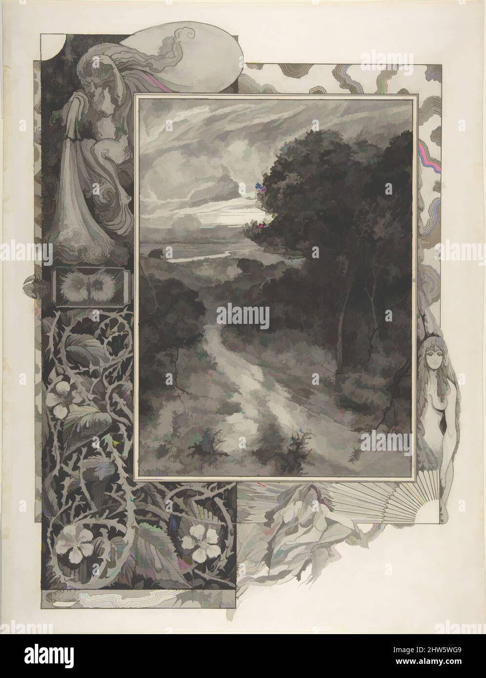 Kunst inspiriert von Illustration of a Landscape with a Thorn Border, late 19.–early 20. Century, Pen and black ink, brush and black ink wash over graphite with Touches of white Gouache, Sheet: 14 7/8 x 11 11/16 in. (37,8 x 29,7 cm), Zeichnungen, William Hyde (Brite, aktiv ab 1889, gestorben, Klassische Werke, die von Artotop mit einem Hauch von Moderne modernisiert wurden. Formen, Farbe und Wert, auffällige visuelle Wirkung auf Kunst. Emotionen durch Freiheit von Kunstwerken auf zeitgemäße Weise. Eine zeitlose Botschaft, die eine wild kreative neue Richtung verfolgt. Künstler, die sich dem digitalen Medium zuwenden und die Artotop NFT erschaffen Stockfoto