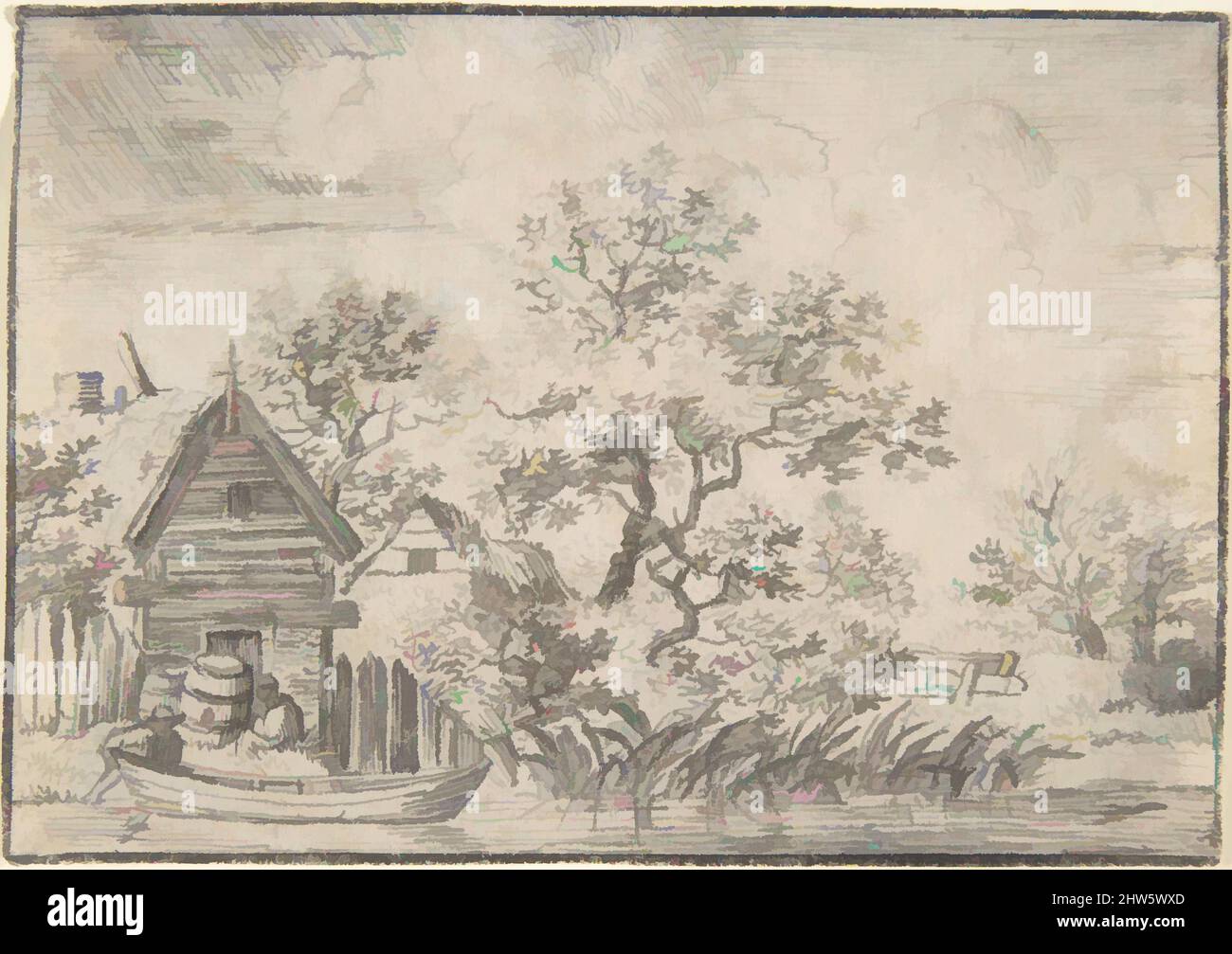 Kunst inspiriert von zwei Männern und einem Boot von einem Haus auf dem Wasser, 17. Jahrhundert (?), Stift und schwarze Tinte, Blatt: 29 1/2 x 4 3/16 Zoll (75 x 10,6 cm), Zeichnungen, Anonym, Niederländisch, 17. Jahrhundert, Klassische Werke, die von Artotop mit einem Hauch von Moderne modernisiert wurden. Formen, Farbe und Wert, auffällige visuelle Wirkung auf Kunst. Emotionen durch Freiheit von Kunstwerken auf zeitgemäße Weise. Eine zeitlose Botschaft, die eine wild kreative neue Richtung verfolgt. Künstler, die sich dem digitalen Medium zuwenden und die Artotop NFT erschaffen Stockfoto