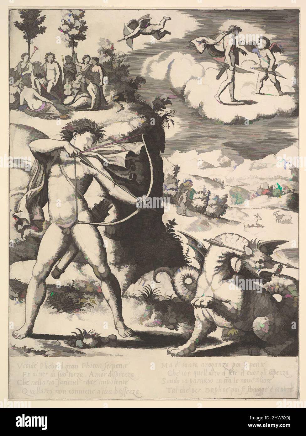 Kunst inspiriert von Apollo links stehend und mit einem Pfeil eine Python schießend, oben links die Musen und rechts auf einer sich Apollon nähernden Wolke Amor, aus der 'Story of Apollo and Daphne', 1530–60, Gravur, Blatt: 7 1/8 x 9 5/8 Zoll (18,1 x 24,4 cm) ungefähr, Drucke, Meister, Klassisches Werk, modernisiert von Artotop mit einem Schuss Modernität. Formen, Farbe und Wert, auffällige visuelle Wirkung auf Kunst. Emotionen durch Freiheit von Kunstwerken auf zeitgemäße Weise. Eine zeitlose Botschaft, die eine wild kreative neue Richtung verfolgt. Künstler, die sich dem digitalen Medium zuwenden und die Artotop NFT erschaffen Stockfoto