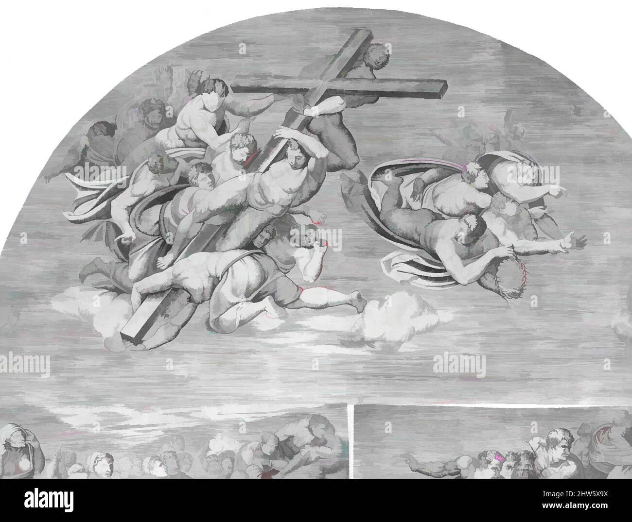 Kunst inspiriert von Engeln, die das Kreuz tragen, mit Heiligen unten (oberer linker Abschnitt des Jüngsten Gerichts), 1548, Gravur, Blatt: 32 7/8 x 26 9/16 Zoll (83,6 x 67,5 cm), Druckgrafiken, graviert von Niccolò della Casa (Französisch, aktives Italien, ca. 1543–48), After Michelangelo Buonarroti (Italienisch, Klassische Werke, die von Artotop mit einem Schuss Moderne modernisiert wurden. Formen, Farbe und Wert, auffällige visuelle Wirkung auf Kunst. Emotionen durch Freiheit von Kunstwerken auf zeitgemäße Weise. Eine zeitlose Botschaft, die eine wild kreative neue Richtung verfolgt. Künstler, die sich dem digitalen Medium zuwenden und die Artotop NFT erschaffen Stockfoto