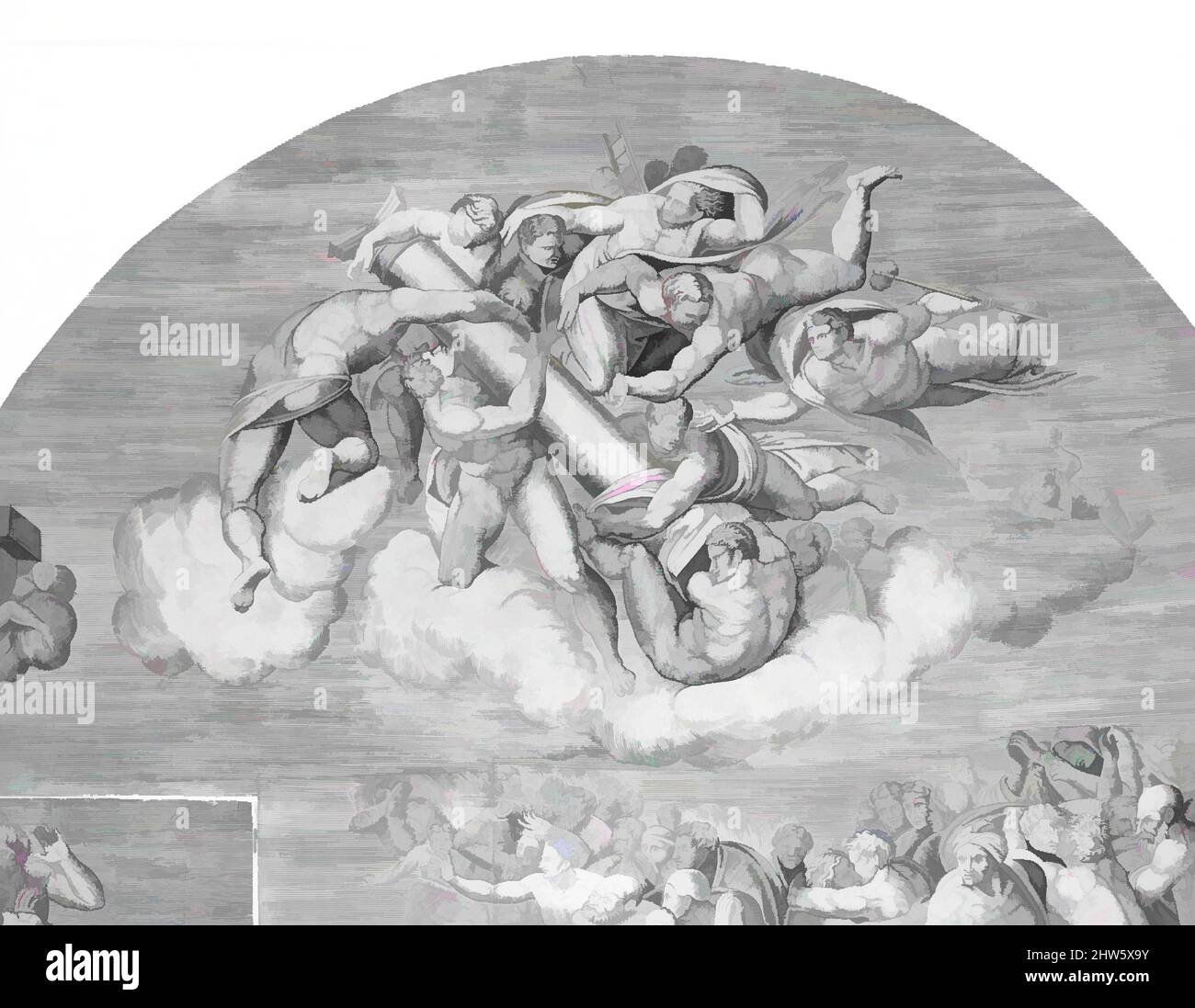 Kunst inspiriert von Engeln, die Säule mit Heiligen tragen (oberer rechter Abschnitt des Jüngsten Gerichts), 1548, Gravur, Blatt: 32 3/4 x 25 1/2 Zoll (83,2 x 64,8 cm), Druckgrafiken, graviert von Niccolò della Casa (Französisch, aktives Italien, ca. 1543–48), After Michelangelo Buonarroti (Italienisch, Caprese, Klassische Werke, die von Artotop mit einem Schuss Moderne modernisiert wurden. Formen, Farbe und Wert, auffällige visuelle Wirkung auf Kunst. Emotionen durch Freiheit von Kunstwerken auf zeitgemäße Weise. Eine zeitlose Botschaft, die eine wild kreative neue Richtung verfolgt. Künstler, die sich dem digitalen Medium zuwenden und die Artotop NFT erschaffen Stockfoto