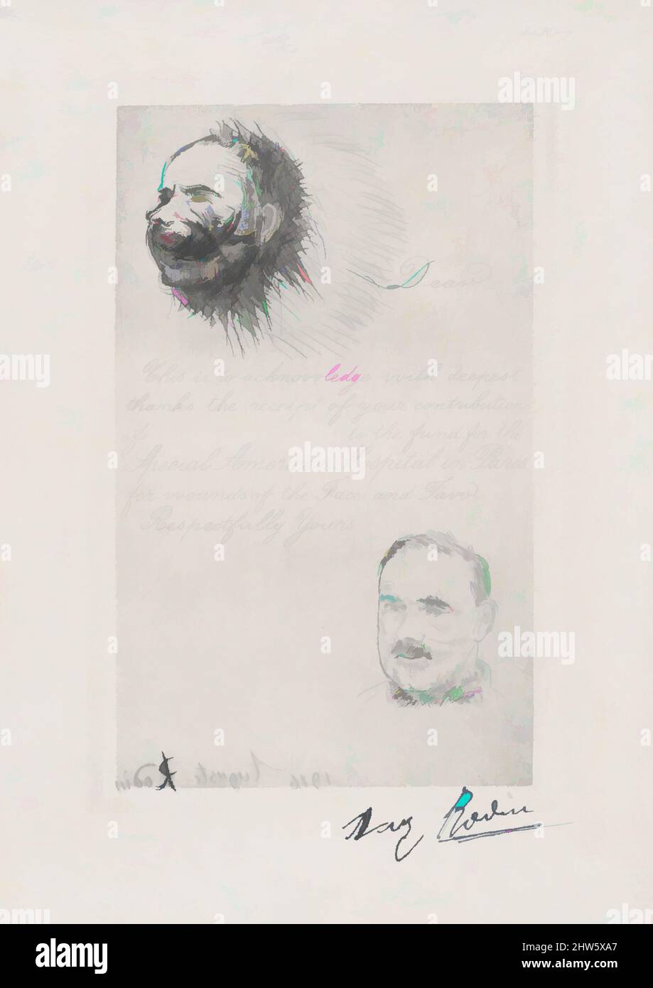 Kunst inspiriert durch Beitragsübernahme des Special American Hospital in Paris für Wunden des Gesichts und der Kiefer, 1916, Drypoint, zweiter Zustand von 2, Blatt: 7 x 4 7/16 Zoll (17,8 x 11,3 cm), Drucke, Auguste Rodin (Französisch, Paris 1840–1917 Meudon, Klassische Werke, die von Artotop mit einem Schuss Moderne modernisiert wurden. Formen, Farbe und Wert, auffällige visuelle Wirkung auf Kunst. Emotionen durch Freiheit von Kunstwerken auf zeitgemäße Weise. Eine zeitlose Botschaft, die eine wild kreative neue Richtung verfolgt. Künstler, die sich dem digitalen Medium zuwenden und die Artotop NFT erschaffen Stockfoto