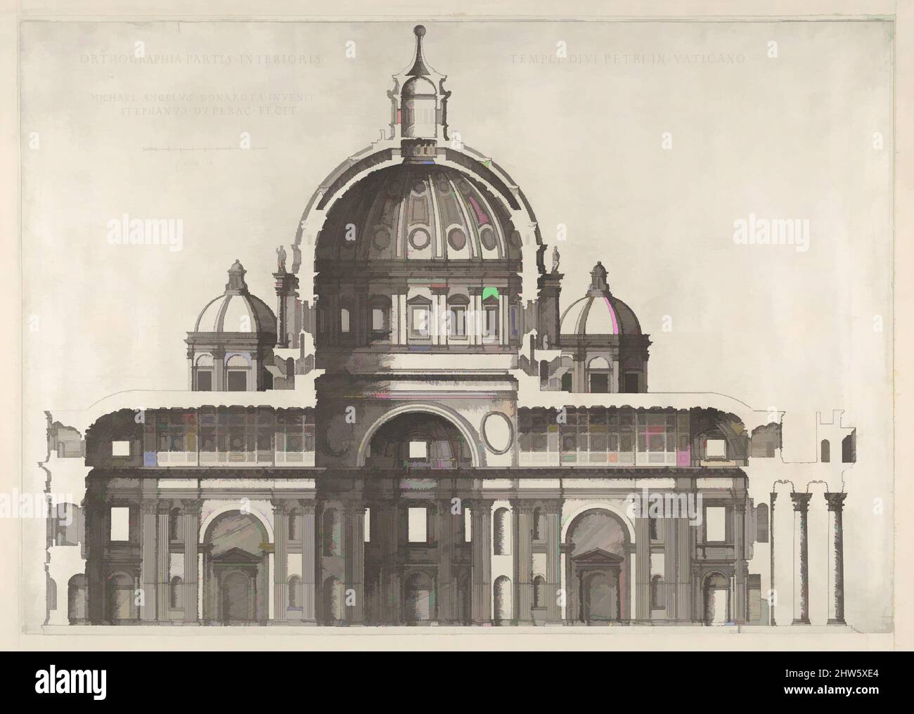 Kunst inspiriert von Speculum Romanae Magnificentiae: Längsschnitt mit Innenansicht des Petersdoms nach Michelangelo (erschienen 1569), 1551, 1558–61, Radierung mit Gravur, Blatt: 13 1/4 x 18 3/4 Zoll (33,7 x 47,6 cm), Drucke, Etienne DuPérac (Französisch, Ca, Klassische Werke, die von Artotop mit einem Schuss Modernität modernisiert wurden. Formen, Farbe und Wert, auffällige visuelle Wirkung auf Kunst. Emotionen durch Freiheit von Kunstwerken auf zeitgemäße Weise. Eine zeitlose Botschaft, die eine wild kreative neue Richtung verfolgt. Künstler, die sich dem digitalen Medium zuwenden und die Artotop NFT erschaffen Stockfoto