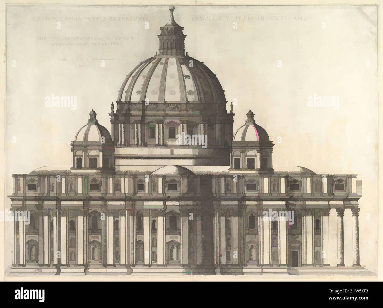 Kunst inspiriert von Speculum Romanae Magnificentiae: Erhebung zeigt das Äußere der Petersbasilika aus dem Süden nach der Konzeption von Michelagelo (erschienen 1569), 1558–61, Gravur mit Radierung, Blatt: 13 5/16 x 18 1/8 Zoll (33,8 x 46,1 cm), Drucke, Etienne DuPérac (Französisch, Ca, Klassische Werke, die von Artotop mit einem Schuss Modernität modernisiert wurden. Formen, Farbe und Wert, auffällige visuelle Wirkung auf Kunst. Emotionen durch Freiheit von Kunstwerken auf zeitgemäße Weise. Eine zeitlose Botschaft, die eine wild kreative neue Richtung verfolgt. Künstler, die sich dem digitalen Medium zuwenden und die Artotop NFT erschaffen Stockfoto