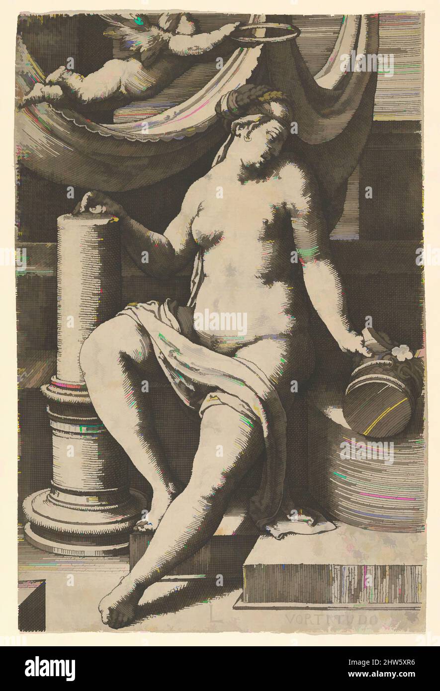 Kunst inspiriert von Fortitude, aus der Serie The Seven Tugenden, 1530, Gravur, Blatt: 6 7/16 x 4 1/4 Zoll (16,4 x 10,8 cm), Drucke, Lucas van Leyden (Niederländisch, Leiden ca. 1494–1533 Leiden, Klassisches Werk, modernisiert von Artotop mit einem Schuss Moderne. Formen, Farbe und Wert, auffällige visuelle Wirkung auf Kunst. Emotionen durch Freiheit von Kunstwerken auf zeitgemäße Weise. Eine zeitlose Botschaft, die eine wild kreative neue Richtung verfolgt. Künstler, die sich dem digitalen Medium zuwenden und die Artotop NFT erschaffen Stockfoto