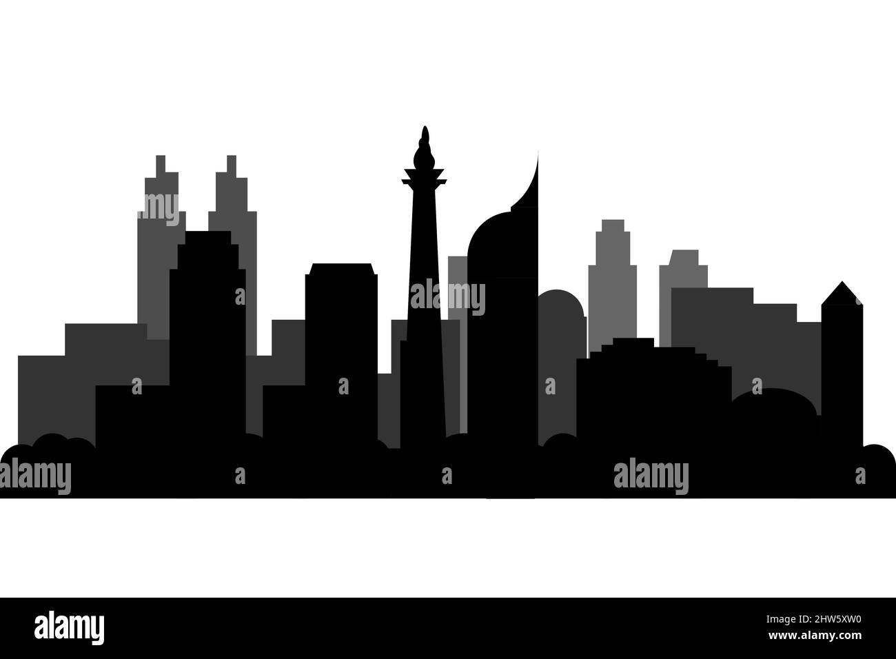 Silhouette der Skyline von Jakarta City. Jakarta Wahrzeichen als indonesische Hauptstadt - Stadtbild Stock Vektor