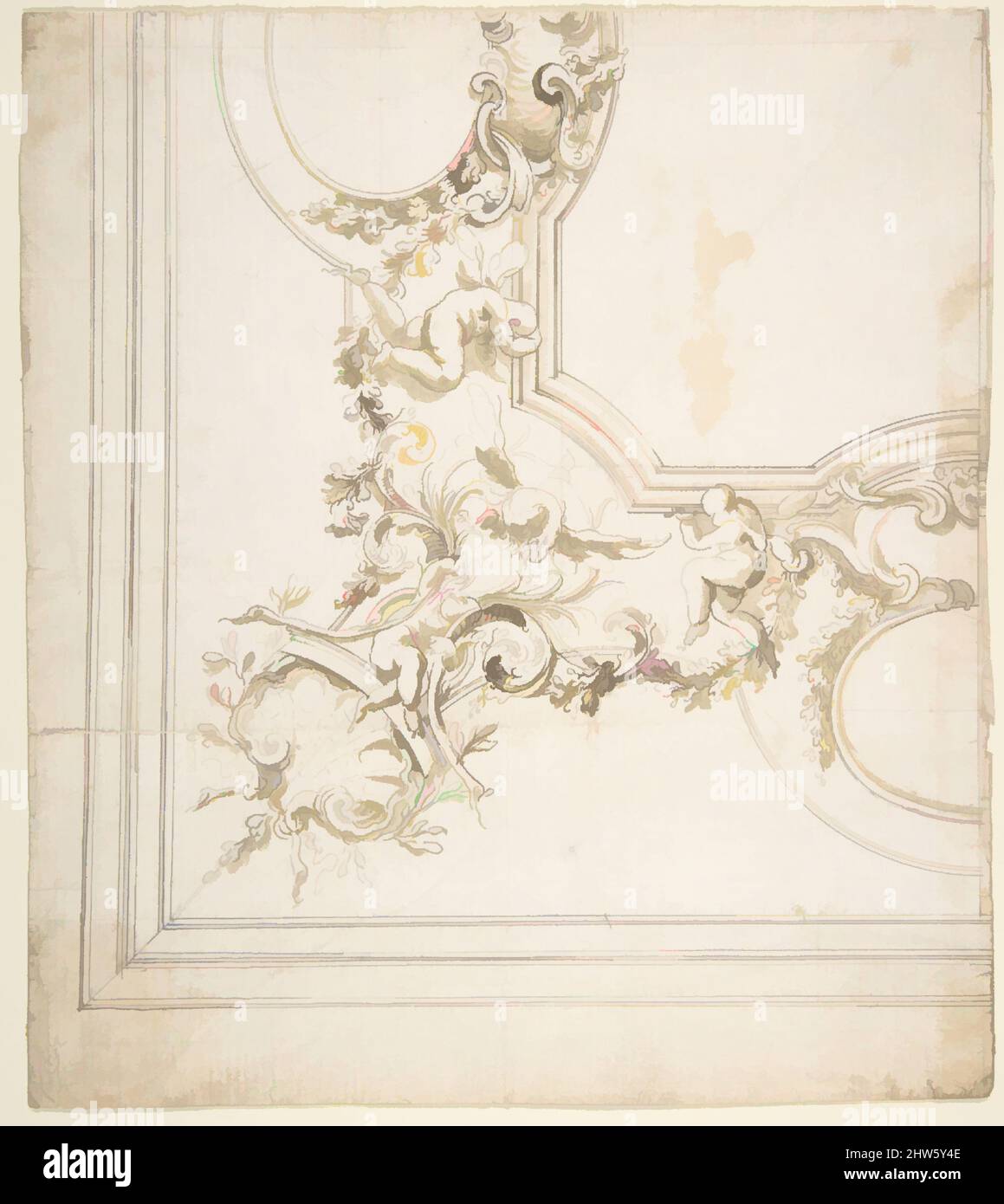 Art Inspired by Design for a Ceiling Decoration., 1709–20, Stift und braune Tinte, Pinsel und grau-braune Wäsche, über Graphit oder Leitpunkt mit liniert und Kompass Konstruktion, Blatt: 7 11/16 x 8 11/16 Zoll (19,6 x 22,1 cm), Zeichnungen, Donato Giuseppe Frisoni (italienisch, Laino bei Como 1683–1735, Klassische Werke, die von Artotop mit einem Schuss Moderne modernisiert wurden. Formen, Farbe und Wert, auffällige visuelle Wirkung auf Kunst. Emotionen durch Freiheit von Kunstwerken auf zeitgemäße Weise. Eine zeitlose Botschaft, die eine wild kreative neue Richtung verfolgt. Künstler, die sich dem digitalen Medium zuwenden und die Artotop NFT erschaffen Stockfoto