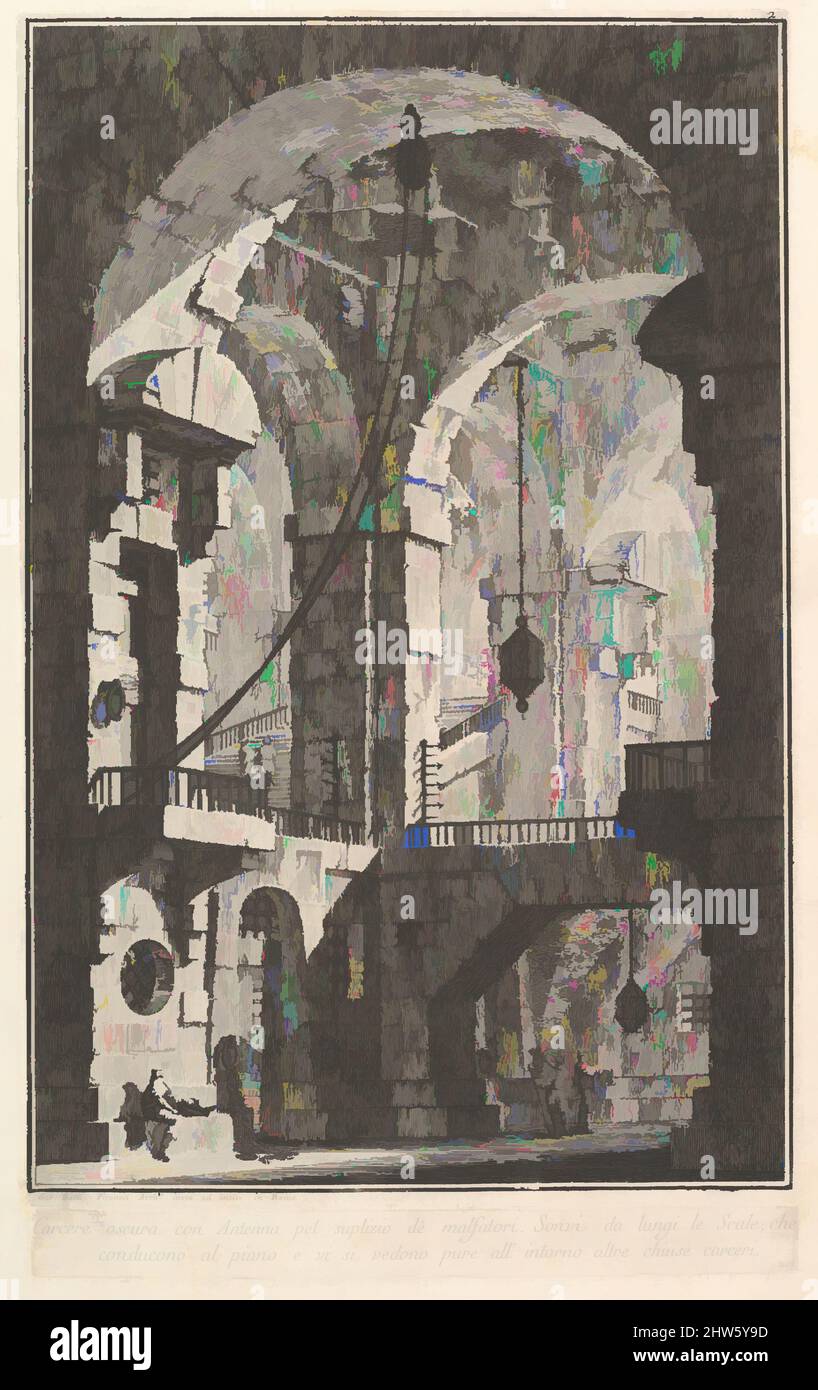 Kunst inspiriert von Dark Prison mit einem Innenhof für die Bestrafung von Kriminellen . . (Carcere oscura con Antenna pel suplizio dè malfatori . . .), ca. 1750, Ätzen, Platte (Bild): 14 3/8 × 9 5/16 Zoll (36,5 × 23,7 cm), Drucke, Giovanni Battista Piranesi (Italienisch, Mogliano Veneto 1720–1778, Klassische Werke, die von Artotop mit einem Schuss Moderne modernisiert wurden. Formen, Farbe und Wert, auffällige visuelle Wirkung auf Kunst. Emotionen durch Freiheit von Kunstwerken auf zeitgemäße Weise. Eine zeitlose Botschaft, die eine wild kreative neue Richtung verfolgt. Künstler, die sich dem digitalen Medium zuwenden und die Artotop NFT erschaffen Stockfoto
