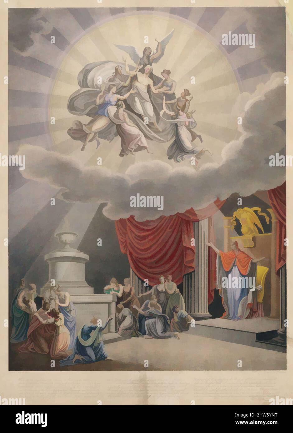 Art Inspired by Apotheosis of George Washington, 1830–50, handkolorierte Lithographie, Bild: 23 1/8 x 17 3/4 in. (58,8 x 45,1 cm), Drucke, nach Samuel Moore (amerikanisch (?), aktiv 19. Jahrhundert), die Inschrift unter dem Bild beschreibt genau die Ikonographie der Szene: Washington, Classic Works modernisiert von Artotop mit einem Schuss Moderne. Formen, Farbe und Wert, auffällige visuelle Wirkung auf Kunst. Emotionen durch Freiheit von Kunstwerken auf zeitgemäße Weise. Eine zeitlose Botschaft, die eine wild kreative neue Richtung verfolgt. Künstler, die sich dem digitalen Medium zuwenden und die Artotop NFT erschaffen Stockfoto