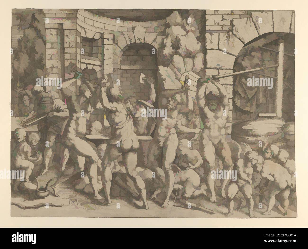 Kunst inspiriert von Vulcan's Forge, ca. 1542–45, Radierung, Blatt: 12 1/16 x 16 9/16 Zoll (30,7 x 42 cm), Drucke, zugeschrieben dem Meister der Geschichte von Cadmus (aktiv ca. 1542–47), entworfen von Francesco Primaticchio (italienisch, Bologna 1504/5–1570 Paris), geätzt von Anonymous, French, School of, Klassische Werke, die von Artotop mit einem Hauch von Moderne modernisiert wurden. Formen, Farbe und Wert, auffällige visuelle Wirkung auf Kunst. Emotionen durch Freiheit von Kunstwerken auf zeitgemäße Weise. Eine zeitlose Botschaft, die eine wild kreative neue Richtung verfolgt. Künstler, die sich dem digitalen Medium zuwenden und die Artotop NFT erschaffen Stockfoto
