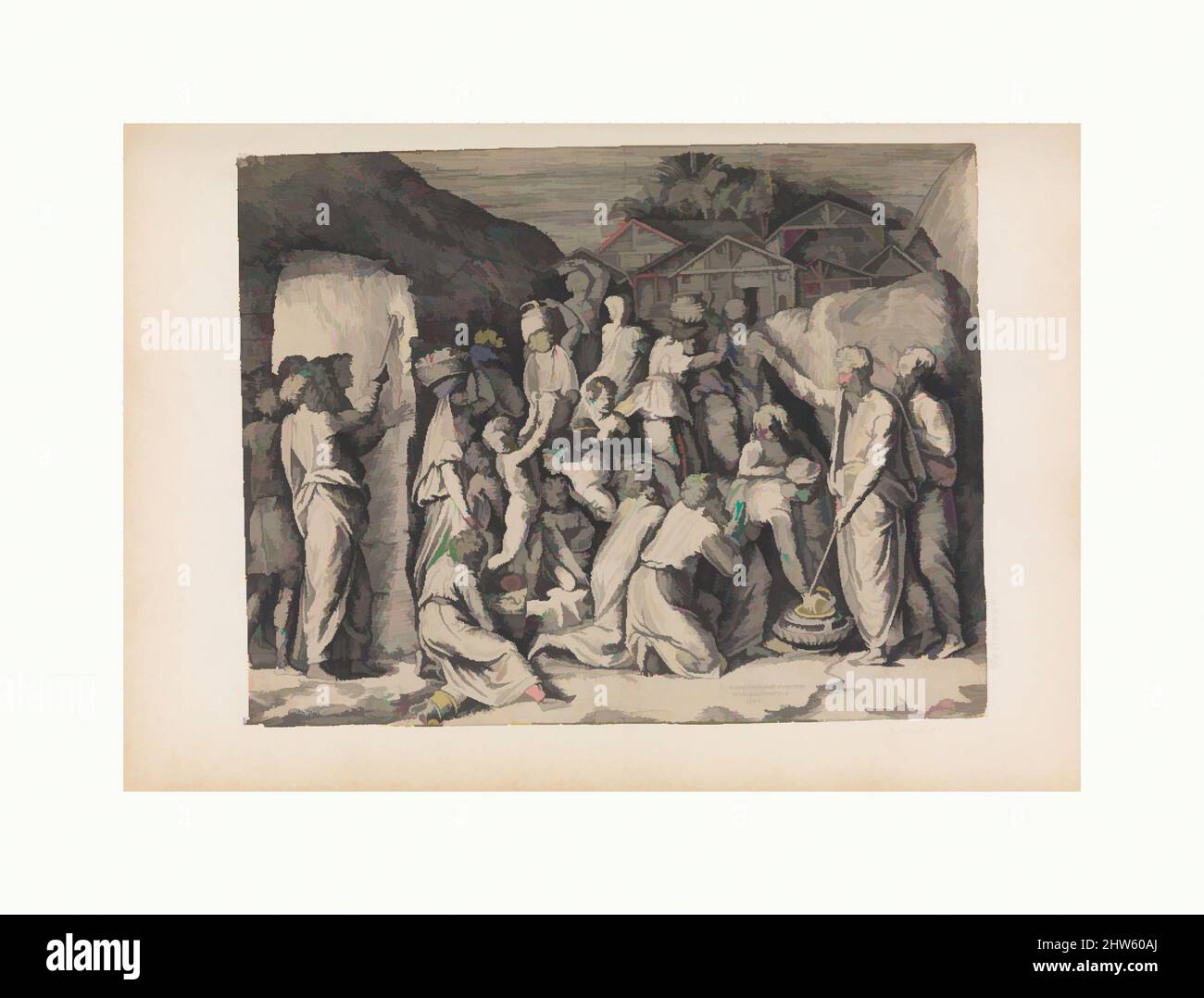 Kunst inspiriert von Moses, die Israeliten dazu aufgebot, Manna und Moses zu versammeln, die den Felsen schlagen, Gravur, Drucke, Giulio Bonasone (Italienisch, aktiv in Rom und Bologna, 1531–nach 1576), im Mariette Album, Folio 70, Klassische Werke, die von Artotop mit einem Schuss Moderne modernisiert wurden. Formen, Farbe und Wert, auffällige visuelle Wirkung auf Kunst. Emotionen durch Freiheit von Kunstwerken auf zeitgemäße Weise. Eine zeitlose Botschaft, die eine wild kreative neue Richtung verfolgt. Künstler, die sich dem digitalen Medium zuwenden und die Artotop NFT erschaffen Stockfoto