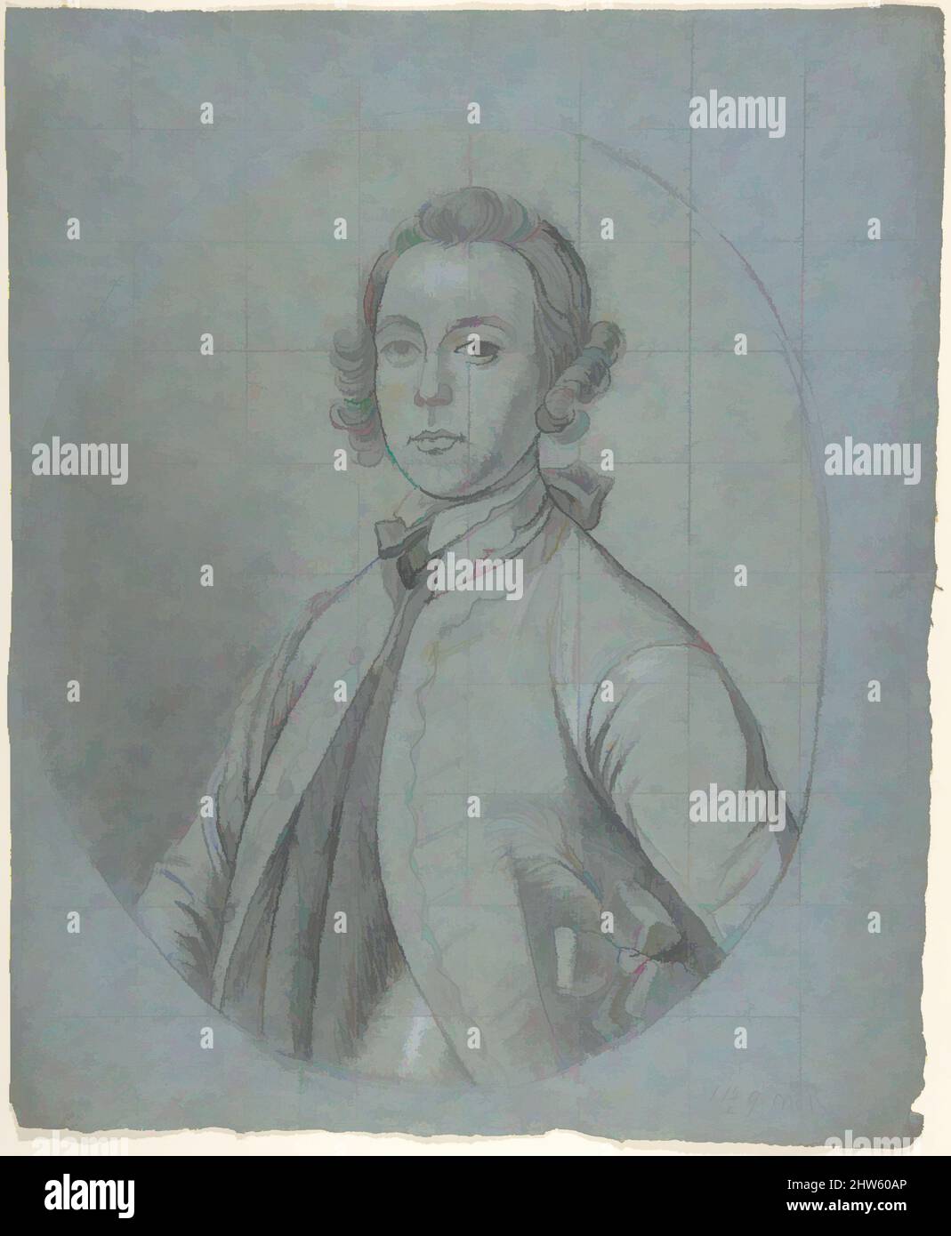 Kunst inspiriert von Oval, Büste-length Portrait Study of a Young man, ca. 1740–60, Schwarz-Weiß-Kreiden und Graphit auf blauem Papier, quadratisch in Graphit, Blatt: 13 1/4 x 11 Zoll (33,6 x 28 cm), Zeichnungen, Kreis von Joseph van Aken (Flämisch, Antwerpen (?) Ca. 1699–1749 London (aktive, klassische Werke, die von Artotop mit einem Schuss Moderne modernisiert wurden. Formen, Farbe und Wert, auffällige visuelle Wirkung auf Kunst. Emotionen durch Freiheit von Kunstwerken auf zeitgemäße Weise. Eine zeitlose Botschaft, die eine wild kreative neue Richtung verfolgt. Künstler, die sich dem digitalen Medium zuwenden und die Artotop NFT erschaffen Stockfoto