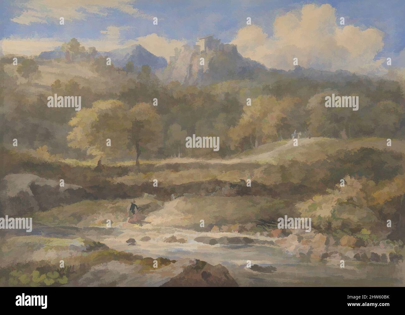 Kunst inspiriert von Licenza, in der Nähe von Rom: Horace's Villa, ca. 1828–29, Aquarell und Gouache über Graphit, Blatt: 10 11/16 x 14 13/16 Zoll (27,2 x 37,6 cm), Zeichnungen, William Havell (British, Reading 1782–1857 London), nach einem Jahrzehnt in China und Indien kehrte Havell 1826 nach England zurück, wobei die klassischen Werke von Artotop mit einem Schuss Moderne modernisiert wurden. Formen, Farbe und Wert, auffällige visuelle Wirkung auf Kunst. Emotionen durch Freiheit von Kunstwerken auf zeitgemäße Weise. Eine zeitlose Botschaft, die eine wild kreative neue Richtung verfolgt. Künstler, die sich dem digitalen Medium zuwenden und die Artotop NFT erschaffen Stockfoto