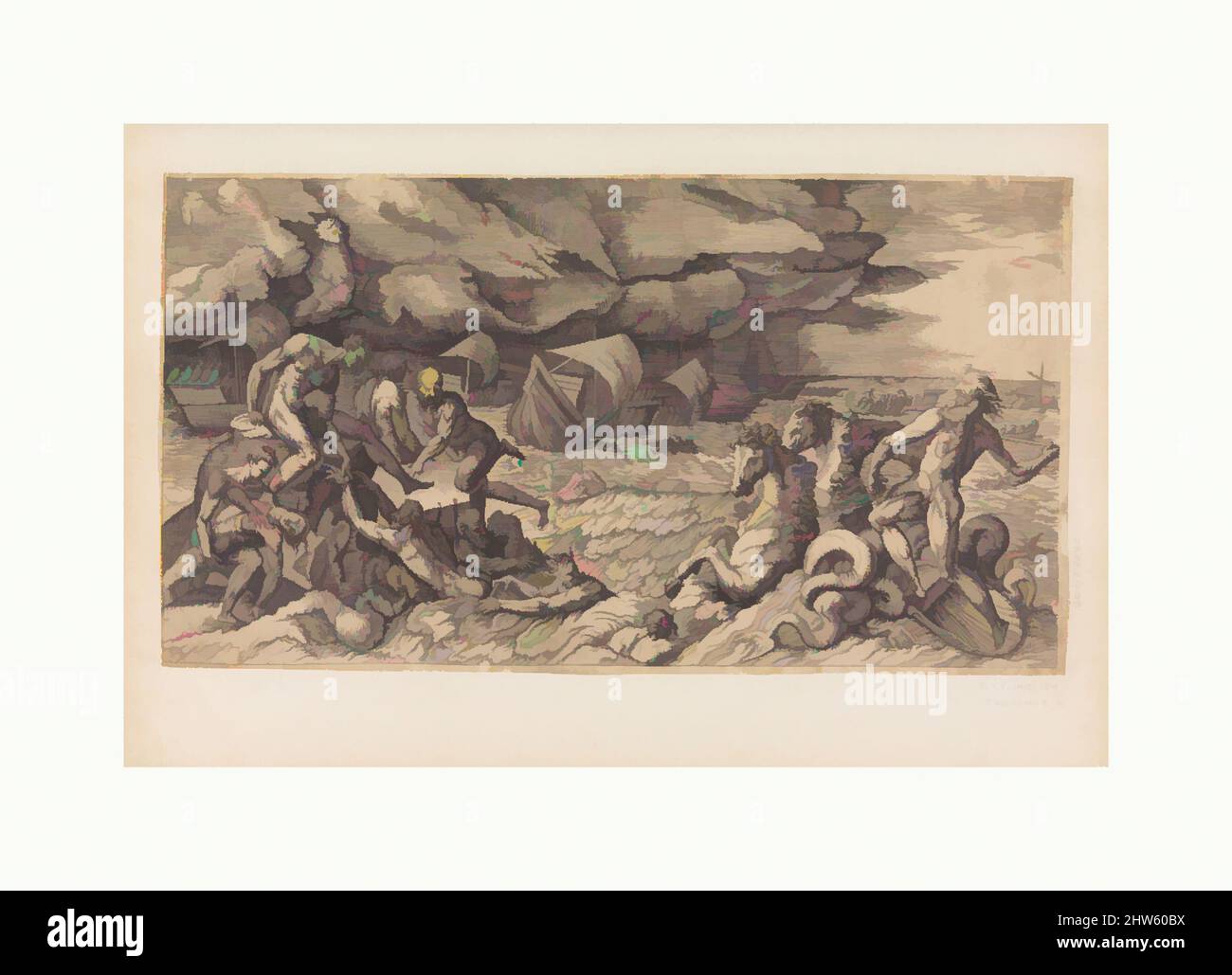 Kunst inspiriert von Neptun Calming der Sturm gegen die Flotte von Aeneas erhoben, Gravur, Drucke, Giulio Bonasone zugeschrieben (Italienisch, aktiv Rom und Bologna, 1531–nach 1576) (in Bartsch, aber in Frage gestellt), Girolamo Fagiuoli zugeschrieben (Italienisch, aktiv Bologna, von 1539, gestorben, Klassische Werke von Artotop mit einem Schuss Moderne modernisiert. Formen, Farbe und Wert, auffällige visuelle Wirkung auf Kunst. Emotionen durch Freiheit von Kunstwerken auf zeitgemäße Weise. Eine zeitlose Botschaft, die eine wild kreative neue Richtung verfolgt. Künstler, die sich dem digitalen Medium zuwenden und die Artotop NFT erschaffen Stockfoto