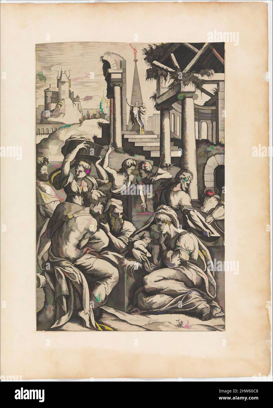 Kunst inspiriert von der Anbetung der Hirten, Gravur; erster Zustand, Drucke, gestochen von Pieter van der Heyden (Niederländisch, ca. 1525–1569), in Mariette Album, Folio 97, Klassisches Werk, das von Artotop mit einem Schuss Modernität modernisiert wurde. Formen, Farbe und Wert, auffällige visuelle Wirkung auf Kunst. Emotionen durch Freiheit von Kunstwerken auf zeitgemäße Weise. Eine zeitlose Botschaft, die eine wild kreative neue Richtung verfolgt. Künstler, die sich dem digitalen Medium zuwenden und die Artotop NFT erschaffen Stockfoto
