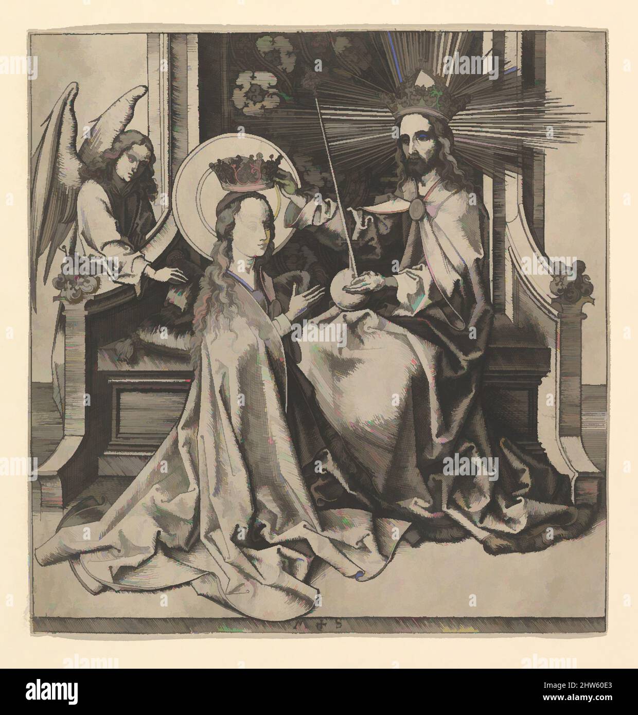 Kunst inspiriert von der Krönung der Jungfrau, 15. Jahrhundert, Gravur, Drucke, Martin Schongauer (deutsch, Colmar Ca. 1435/50–1491 Breisach, Klassisches Werk von Artotop mit einem Schuss Moderne modernisiert. Formen, Farbe und Wert, auffällige visuelle Wirkung auf Kunst. Emotionen durch Freiheit von Kunstwerken auf zeitgemäße Weise. Eine zeitlose Botschaft, die eine wild kreative neue Richtung verfolgt. Künstler, die sich dem digitalen Medium zuwenden und die Artotop NFT erschaffen Stockfoto