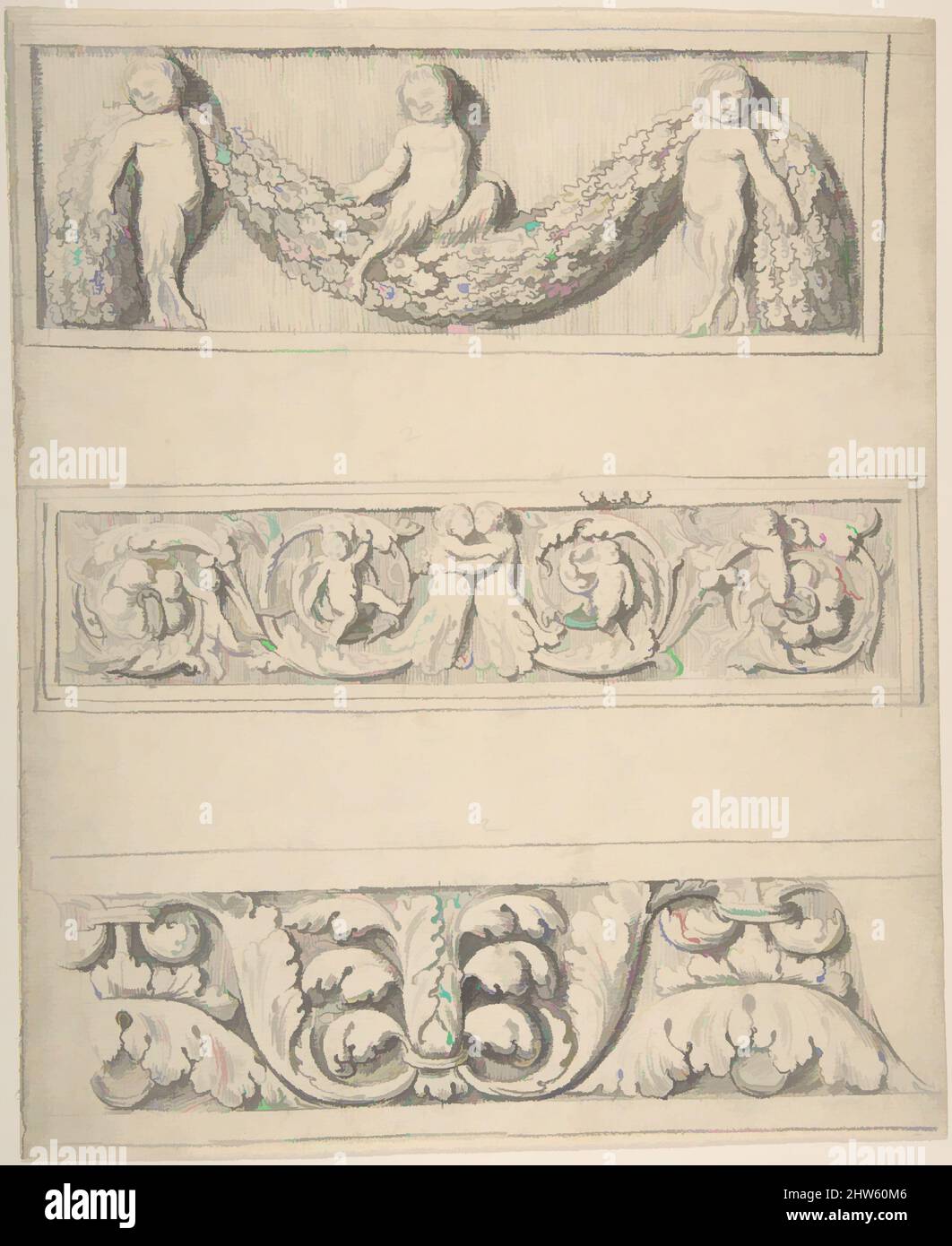 Kunst inspiriert von drei Frieze-Entwürfen mit Young Satyrs, Leaves, Vines und Putti, 1776–79, Graphit, Blech: 11 9/16 x 9 3/8 Zoll (29,4 x 23,8 cm), zugeschrieben Thomas Hardwick (British, London 1752–1829 London, Klassische Werke, die von Artotop mit einem Schuss Moderne modernisiert wurden. Formen, Farbe und Wert, auffällige visuelle Wirkung auf Kunst. Emotionen durch Freiheit von Kunstwerken auf zeitgemäße Weise. Eine zeitlose Botschaft, die eine wild kreative neue Richtung verfolgt. Künstler, die sich dem digitalen Medium zuwenden und die Artotop NFT erschaffen Stockfoto