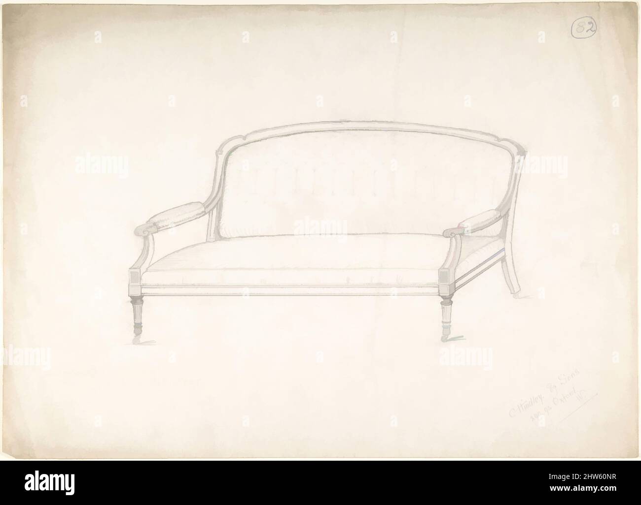 Art Inspired by Design for a Loveseat, 1884–92, Graphit, Blatt: 10 1/2 x 14 11/16 Zoll (26,6 x 37,3 cm), Charles Hindley and Sons (British, London 1841–1917 London, Classic Works Modernised by Artotop with a Splash of Modernity. Formen, Farbe und Wert, auffällige visuelle Wirkung auf Kunst. Emotionen durch Freiheit von Kunstwerken auf zeitgemäße Weise. Eine zeitlose Botschaft, die eine wild kreative neue Richtung verfolgt. Künstler, die sich dem digitalen Medium zuwenden und die Artotop NFT erschaffen Stockfoto