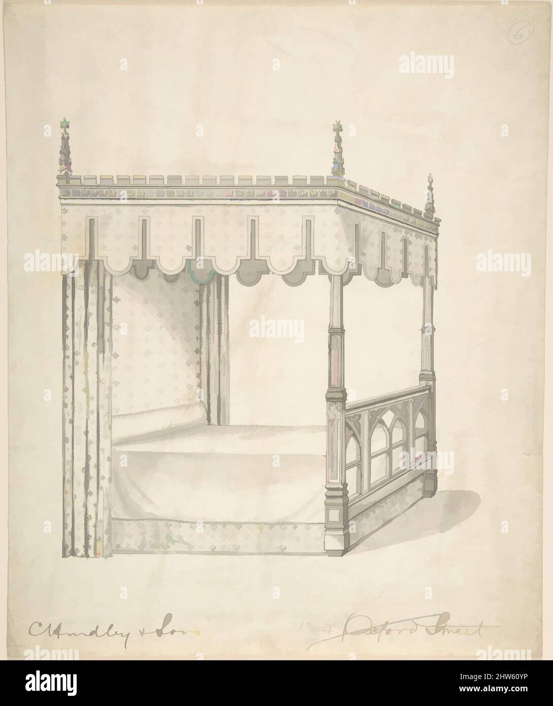 Art Inspired by Design for a Gothic Bed with Canopy, 1841–84, Pen and black ink, Blatt: 11 1/4 x 9 5/16 Zoll (28,6 x 23,6 cm), Charles Hindley and Sons (British, London 1841–1917 London, Classic Works Modernised by Artotop with a Splash of Modernity. Formen, Farbe und Wert, auffällige visuelle Wirkung auf Kunst. Emotionen durch Freiheit von Kunstwerken auf zeitgemäße Weise. Eine zeitlose Botschaft, die eine wild kreative neue Richtung verfolgt. Künstler, die sich dem digitalen Medium zuwenden und die Artotop NFT erschaffen Stockfoto