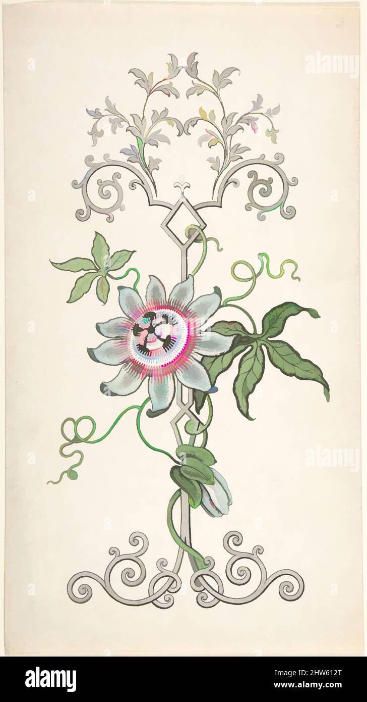 Kunst inspiriert von Design für Tafeldekoration mit einer Passionsblume, 1828–40, Aquarell, Stift und schwarze Tinte, Blatt: 12 x 6 5/8 Zoll (30,5 x 16,9 cm), J. Hulme (britisch, aktiv 1828–40, Klassische Werke, die von Artotop mit einem Schuss Moderne modernisiert wurden. Formen, Farbe und Wert, auffällige visuelle Wirkung auf Kunst. Emotionen durch Freiheit von Kunstwerken auf zeitgemäße Weise. Eine zeitlose Botschaft, die eine wild kreative neue Richtung verfolgt. Künstler, die sich dem digitalen Medium zuwenden und die Artotop NFT erschaffen Stockfoto