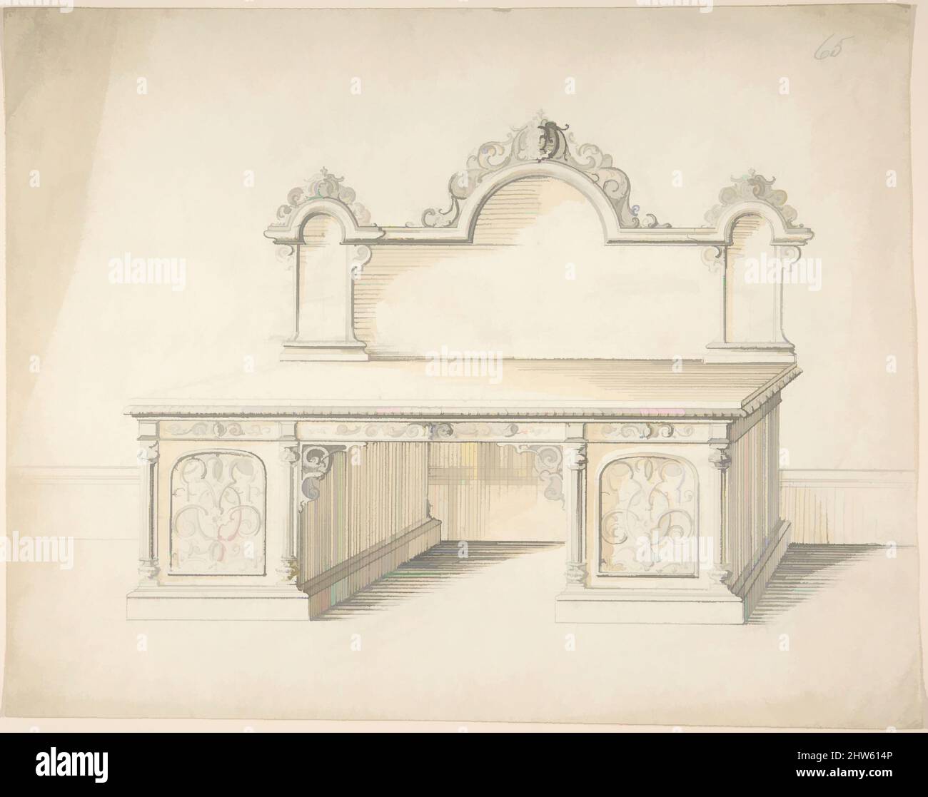 Art Inspired by Design for a Desk, 1841–84, Graphit- und Braunwäsche, Bettwäsche: 10 7/16 x 13 3/8 Zoll (26,5 x 33,9 cm), Charles Hindley and Sons (British, London 1841–1917 London, Classic Works Modernised by Artotop with a Splash of Modernity. Formen, Farbe und Wert, auffällige visuelle Wirkung auf Kunst. Emotionen durch Freiheit von Kunstwerken auf zeitgemäße Weise. Eine zeitlose Botschaft, die eine wild kreative neue Richtung verfolgt. Künstler, die sich dem digitalen Medium zuwenden und die Artotop NFT erschaffen Stockfoto