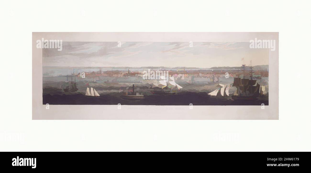Art inspired by Panoramic View of New York taken from the East River, 1844, Gravur und Aquatinta mit Aquarell, Bild: 8 15/16 x 31 7/8 Zoll (22,7 x 81 cm), Drucke, Gefäße gezeichnet von James Fulton Pringle (britisch, 1788–1847), Diese Ansicht ist typisch für die langen, von Artotop modernisierten, niedrigen Panoramen, Classic Works mit einem Schuss Moderne. Formen, Farbe und Wert, auffällige visuelle Wirkung auf Kunst. Emotionen durch Freiheit von Kunstwerken auf zeitgemäße Weise. Eine zeitlose Botschaft, die eine wild kreative neue Richtung verfolgt. Künstler, die sich dem digitalen Medium zuwenden und die Artotop NFT erschaffen Stockfoto