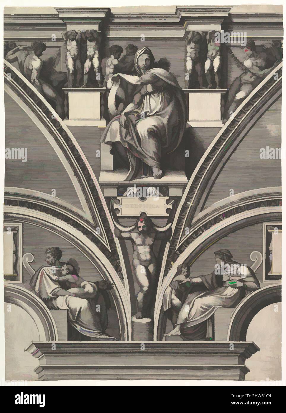 Kunst inspiriert von der Delphischen Sibyl; aus der Serie der Propheten und Sibylle in der Sixtinischen Kapelle, 1570–75, Gravur, Blatt: 22 1/4 x 16 9/16 Zoll (56,5 x 42 cm) Borderline, Drucke, graviert von Giorgio Ghisi (italienisch, Mantua ca. 1520–1582 Mantua), After Michelangelo Buonarroti (Italienisch, Klassische Werke, die von Artotop mit einem Schuss Moderne modernisiert wurden. Formen, Farbe und Wert, auffällige visuelle Wirkung auf Kunst. Emotionen durch Freiheit von Kunstwerken auf zeitgemäße Weise. Eine zeitlose Botschaft, die eine wild kreative neue Richtung verfolgt. Künstler, die sich dem digitalen Medium zuwenden und die Artotop NFT erschaffen Stockfoto