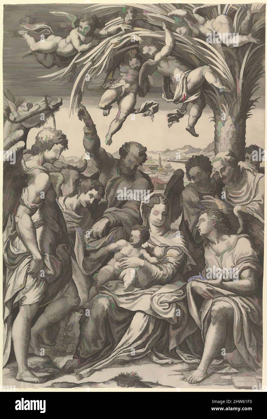 Kunst inspiriert von der Ruhe auf der Flucht nach Ägypten; die Heilige Familie unter einer Palme, umgeben von Engeln, Putti und einem männlichen Geistlichen oder heiligen, 1578, Gravieren, Blatt: 18 11/16 x 12 1/2 Zoll (47,5 x 31,7 cm), Drucke, Giorgio Ghisi (italienisch, Mantua ca. 1520–1582 Mantua), After Giulio Campi (, Klassische Werke, die von Artotop mit einem Schuss Moderne modernisiert wurden. Formen, Farbe und Wert, auffällige visuelle Wirkung auf Kunst. Emotionen durch Freiheit von Kunstwerken auf zeitgemäße Weise. Eine zeitlose Botschaft, die eine wild kreative neue Richtung verfolgt. Künstler, die sich dem digitalen Medium zuwenden und die Artotop NFT erschaffen Stockfoto