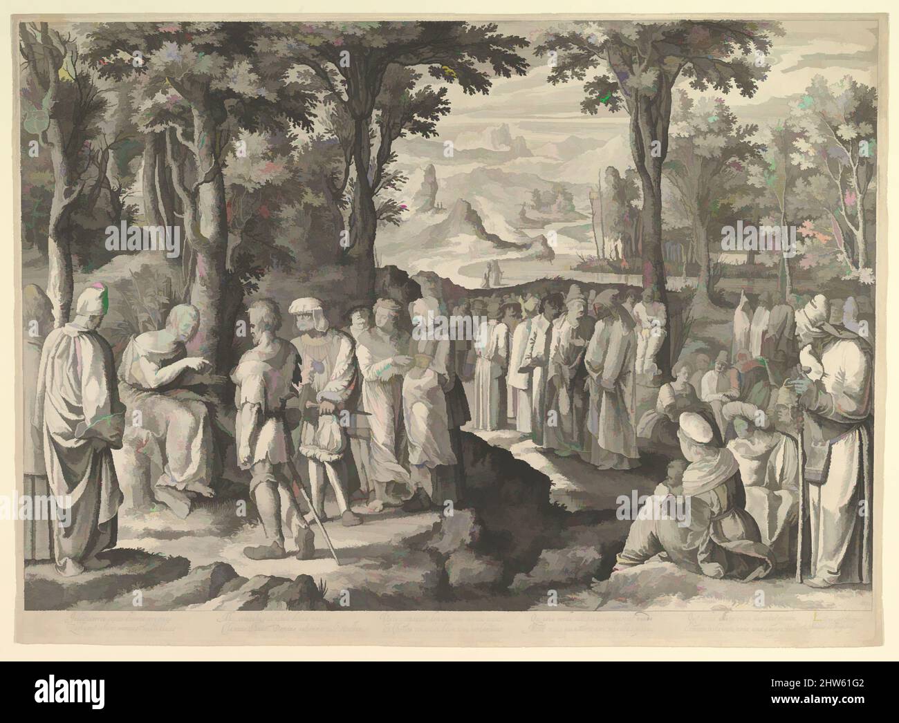 Kunst inspiriert von Johannes dem Täufer Predigt in der Wüste, ca. 1527–28, Gravieren; erster Zustand von fünf, Blatt: 15 1/2 x 21 1/2 Zoll (39,4 x 54,6 cm), Drucke, gestochen von Nicolaes de Bruyn (Niederländisch, Antwerpen 1571–1656 Rotterdam), nach Lucas van Leyden (Niederländisch, Leiden ca. 1494, Classic Works modernisiert von Artotop mit einem Schuss Moderne. Formen, Farbe und Wert, auffällige visuelle Wirkung auf Kunst. Emotionen durch Freiheit von Kunstwerken auf zeitgemäße Weise. Eine zeitlose Botschaft, die eine wild kreative neue Richtung verfolgt. Künstler, die sich dem digitalen Medium zuwenden und die Artotop NFT erschaffen Stockfoto