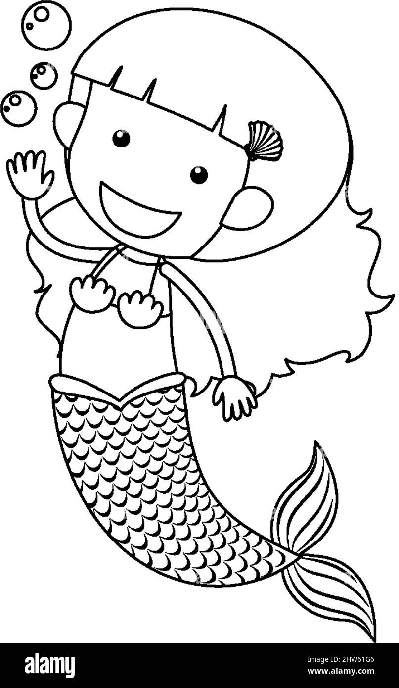 Mermaid schwarz und weiß Doodle Charakter Illustration Stock Vektor