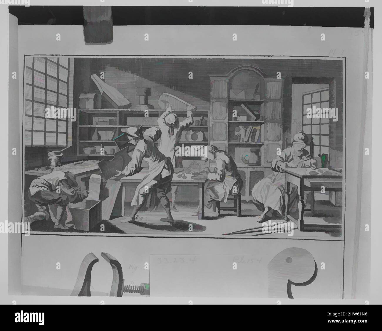 Kunst inspiriert von Fourbiseur (Schwertkunst) (Tafel VII, Sektion Fourbiseur, Encyclopédie oder Recueil de Planches sur les Sciences, les Arts Mechaniques..., Band IV), 1765, Radierung und Gravur, Szene oben auf Seite: 5 3/8 x 8 Zoll (13,7 x 20,3 cm), Bücher, Klassisches von Artotop mit einem Schuss Moderne modernisiertes Werk. Formen, Farbe und Wert, auffällige visuelle Wirkung auf Kunst. Emotionen durch Freiheit von Kunstwerken auf zeitgemäße Weise. Eine zeitlose Botschaft, die eine wild kreative neue Richtung verfolgt. Künstler, die sich dem digitalen Medium zuwenden und die Artotop NFT erschaffen Stockfoto