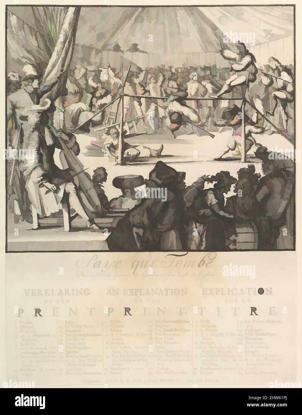 Kunst inspiriert von Paye qui Tombe: Die eerst valt betaelt de Speelman, die laest, de Kosten (The Fall of the Country: The First That Falls Pays the Player, The Last the Costs), n.d., Radierung und Buchdruck; Second State, Blatt: 20 5/16 x 15 9/16 Zoll (51,6 x 39,5 cm), Drucke, Romeyn de, Klassisches Werk, das von Artotop mit einem Schuss Moderne modernisiert wurde. Formen, Farbe und Wert, auffällige visuelle Wirkung auf Kunst. Emotionen durch Freiheit von Kunstwerken auf zeitgemäße Weise. Eine zeitlose Botschaft, die eine wild kreative neue Richtung verfolgt. Künstler, die sich dem digitalen Medium zuwenden und die Artotop NFT erschaffen Stockfoto