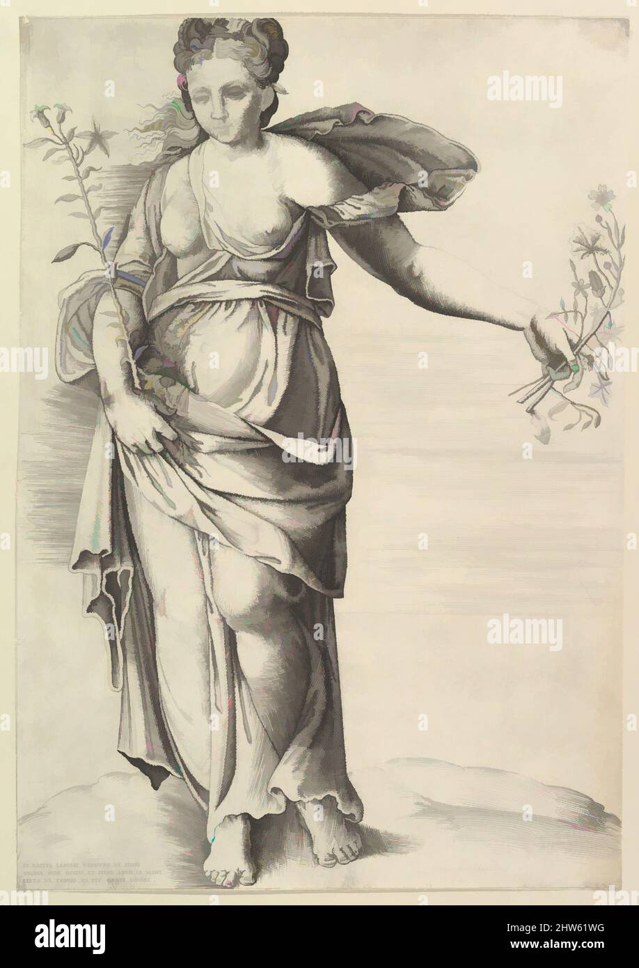 Kunst inspiriert von Flora, ca. 1560–70, Gravieren, Blatt: 16 1/4 x 11 5/16 Zoll (41,2 x 28,7 cm) auf Platemark getrimmt, Drucke, graviert von Anonymous, Italienisch, zweite Hälfte des 16.. Jahrhunderts, entworfen von ? Battista Franco (italienisch, Venedig ca. 1510–1561 Venedig, Klassisches von Artotop modernisiertes Werk mit einem Schuss Moderne. Formen, Farbe und Wert, auffällige visuelle Wirkung auf Kunst. Emotionen durch Freiheit von Kunstwerken auf zeitgemäße Weise. Eine zeitlose Botschaft, die eine wild kreative neue Richtung verfolgt. Künstler, die sich dem digitalen Medium zuwenden und die Artotop NFT erschaffen Stockfoto