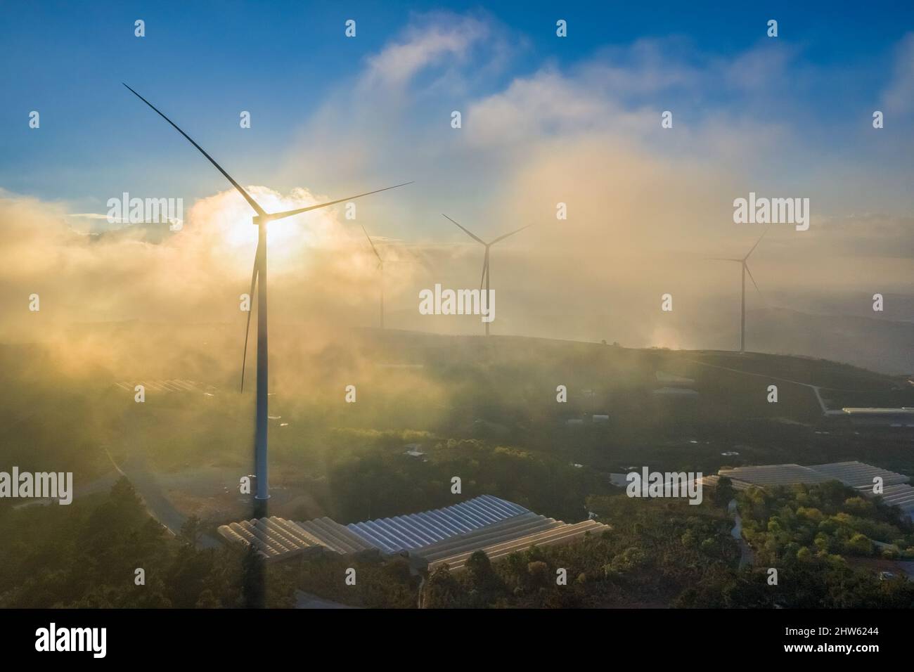 Luftaufnahme von Windmühle oder Windpark im Nebel in CAU DAT Stadt, Da Lat Stadt, Lam Dong, Vietnam Stockfoto