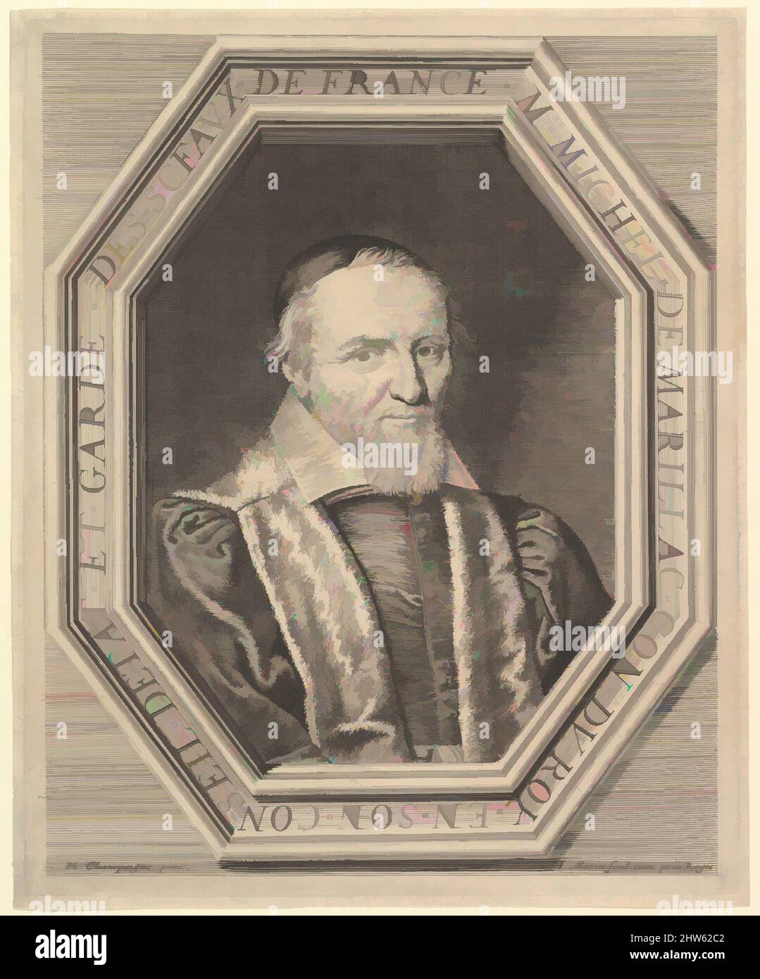 Kunst inspiriert von Michel de Marillac, Conseiller d'Etat et Garde des sceaux, 17. Jahrhundert, Radierung, Bild: 12 3/8 x 10 1/8 Zoll (31,5 x 25,7 cm), Drucke, Jean Morin (Französisch, Paris ca. 1605–1650 Paris), After Philippe de Champaigne (Französisch, Brüssel 1602–1674 Paris, Klassische Werke, die von Artotop mit einem Schuss Moderne modernisiert wurden. Formen, Farbe und Wert, auffällige visuelle Wirkung auf Kunst. Emotionen durch Freiheit von Kunstwerken auf zeitgemäße Weise. Eine zeitlose Botschaft, die eine wild kreative neue Richtung verfolgt. Künstler, die sich dem digitalen Medium zuwenden und die Artotop NFT erschaffen Stockfoto