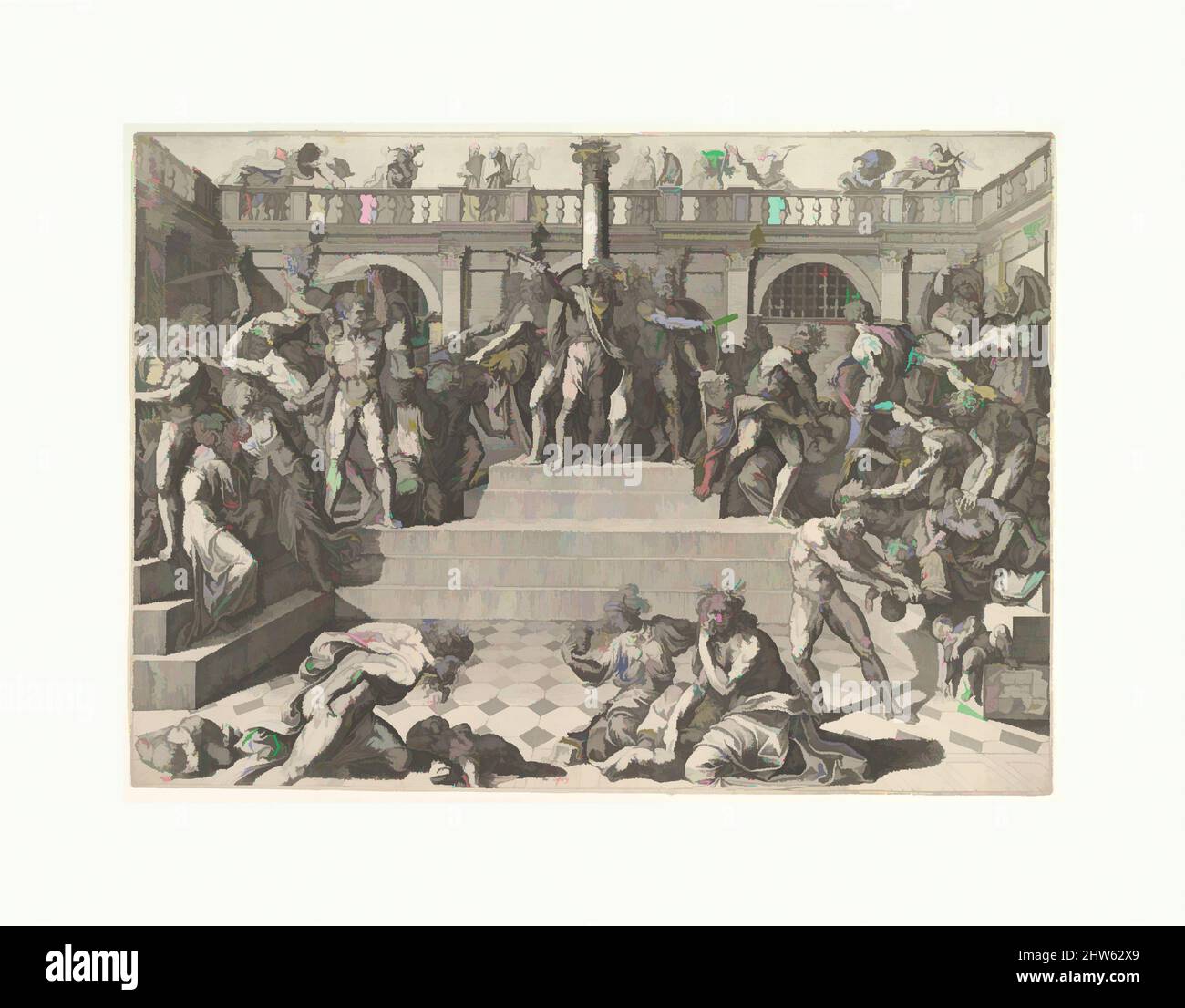 Kunst inspiriert von Massaker der Unschuldigen, n.d., Gravieren, Drucke, nach Bacio Bandinelli (Italienisch, Gaiole in Chianti 1493–1560 Florenz), zugeschrieben Marco Dente (Italienisch, Ravenna, aktiv von 1515–gestorben 1527 Rom, Klassische Werke von Artotop mit einem Schuss Moderne modernisiert. Formen, Farbe und Wert, auffällige visuelle Wirkung auf Kunst. Emotionen durch Freiheit von Kunstwerken auf zeitgemäße Weise. Eine zeitlose Botschaft, die eine wild kreative neue Richtung verfolgt. Künstler, die sich dem digitalen Medium zuwenden und die Artotop NFT erschaffen Stockfoto