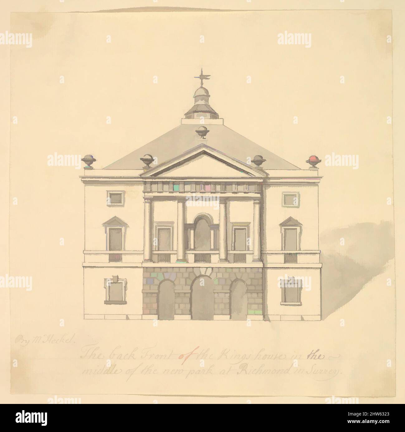 Kunst inspiriert von der Fassade des Kings House, Richmond, Surrey, nach 1727, schwarze Tinte und Grauwäsche, Blatt: 7 5/16 x 7 3/8 Zoll (18,5 x 18,8 cm), Augustus Heckel (deutsch (aktives Großbritannien), Augsburg 1690–1770 Richmond, Klassische Werke, die von Artotop mit einem Schuss Moderne modernisiert wurden. Formen, Farbe und Wert, auffällige visuelle Wirkung auf Kunst. Emotionen durch Freiheit von Kunstwerken auf zeitgemäße Weise. Eine zeitlose Botschaft, die eine wild kreative neue Richtung verfolgt. Künstler, die sich dem digitalen Medium zuwenden und die Artotop NFT erschaffen Stockfoto