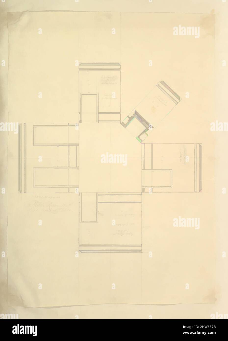 Kunst inspiriert von Treasury House, 10 Downing Street, London: Plan von Sir Robert Walpoles Umkleideraum (Mittlerer Raum, Westfront, erster Stock), ca. 1732–42, Stift und schwarze Tinte, Blatt: 25 3/8 x 17 15/16 Zoll (64,5 x 45,6 cm, Classic Works modernisiert von Artotop mit einem Schuss Modernität. Formen, Farbe und Wert, auffällige visuelle Wirkung auf Kunst. Emotionen durch Freiheit von Kunstwerken auf zeitgemäße Weise. Eine zeitlose Botschaft, die eine wild kreative neue Richtung verfolgt. Künstler, die sich dem digitalen Medium zuwenden und die Artotop NFT erschaffen Stockfoto