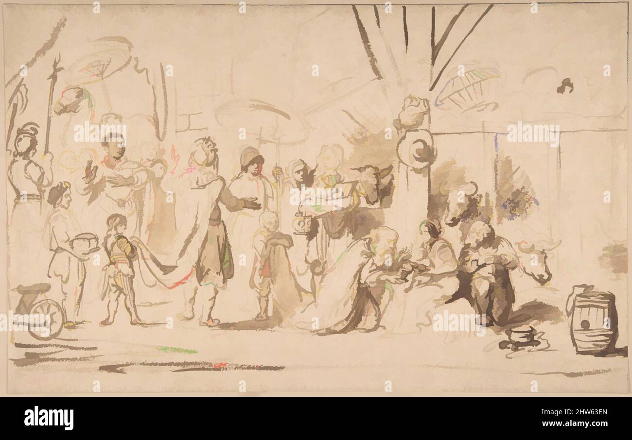 Kunst inspiriert von der Anbetung der Könige, 17. Jahrhundert, Stift und braune Tinte, Pinsel und braune Wäsche, Blatt: 7 1/2 x 11 3/4 Zoll (19,1 x 29,8 cm), Zeichnungen, Nicolaes Maes (Niederländisch, Dordrecht 1634–1693 Amsterdam, Klassische Werke, die von Artotop mit einem Schuss Moderne modernisiert wurden. Formen, Farbe und Wert, auffällige visuelle Wirkung auf Kunst. Emotionen durch Freiheit von Kunstwerken auf zeitgemäße Weise. Eine zeitlose Botschaft, die eine wild kreative neue Richtung verfolgt. Künstler, die sich dem digitalen Medium zuwenden und die Artotop NFT erschaffen Stockfoto
