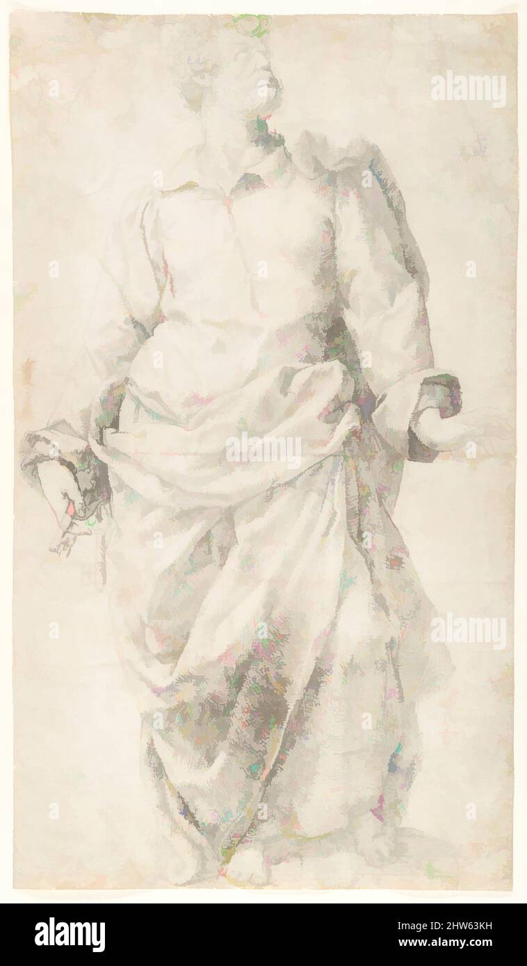 Kunst inspiriert von Studie für die Figur des heiligen Petrus, ca. 1545, schwarze Kreide, Blatt: 16 1/2 x 9 3/8 Zoll (41,9 x 23,8 cm), Zeichnungen, Daniele da Volterra (Daniele Ricciarelli) (Italienisch, Volterra 1509–1566 Rom), Diese skulpturale, sorgfältig überlegte Studie der stehenden Figur des Heiligen, Klassische Werke, die von Artotop mit einem Schuss Moderne modernisiert wurden. Formen, Farbe und Wert, auffällige visuelle Wirkung auf Kunst. Emotionen durch Freiheit von Kunstwerken auf zeitgemäße Weise. Eine zeitlose Botschaft, die eine wild kreative neue Richtung verfolgt. Künstler, die sich dem digitalen Medium zuwenden und die Artotop NFT erschaffen Stockfoto