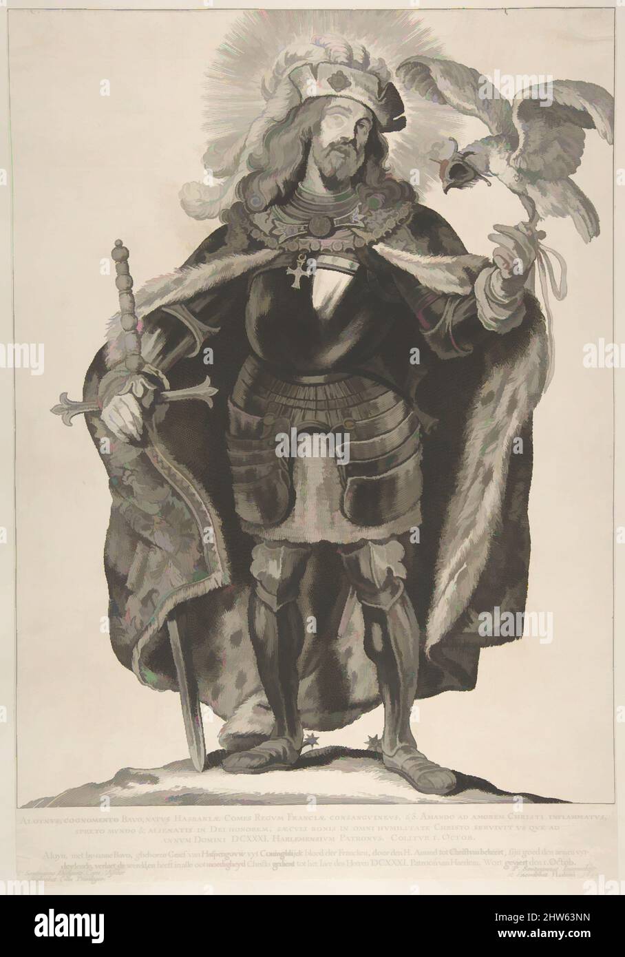 Kunst inspiriert von St. Bavo, aus der Serie Saints of North and South Netherlands, 1650, Gravur und Radierung, Blatt: 17 1/8 x 11 13/16 Zoll (43,5 x 30 cm), Drucke, gestochen von Cornelis Visscher (Niederländisch, Haarlem (?) 1629–1658 Amsterdam, Klassisches von Artotop modernisiertes Werk mit einem Schuss Moderne. Formen, Farbe und Wert, auffällige visuelle Wirkung auf Kunst. Emotionen durch Freiheit von Kunstwerken auf zeitgemäße Weise. Eine zeitlose Botschaft, die eine wild kreative neue Richtung verfolgt. Künstler, die sich dem digitalen Medium zuwenden und die Artotop NFT erschaffen Stockfoto